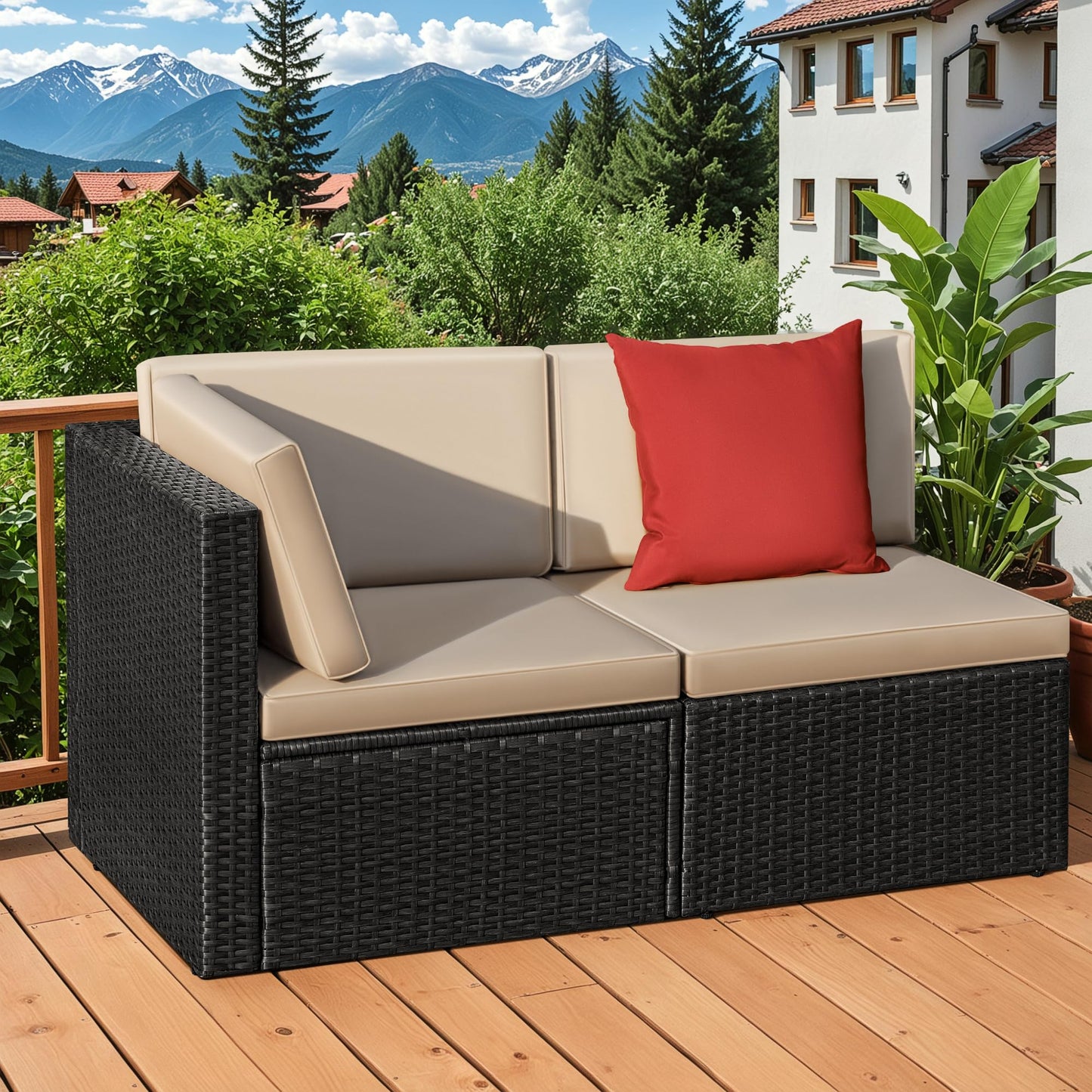 Greesum 2-Piece Patio Conversation Set Wicker Rattan Furniture Outdoor Sofa with Cushions,Pillows for Porch,Lawn and Yard, Beige