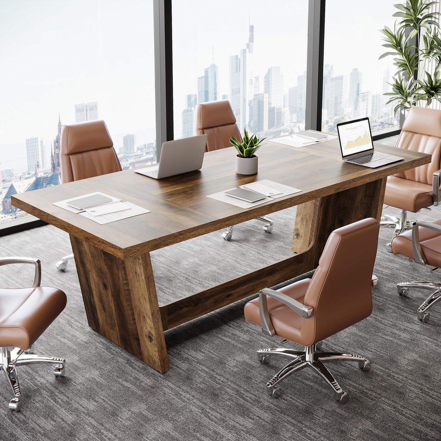Tribesigns 6 FT Conference Room Table, 71”Large Executive Seminar Desk for 6–8 People, Rectangular Meeting Table for Office, Heavy-Duty Business Boardroom Table with Wooden Pedestal Base, Dark Brown