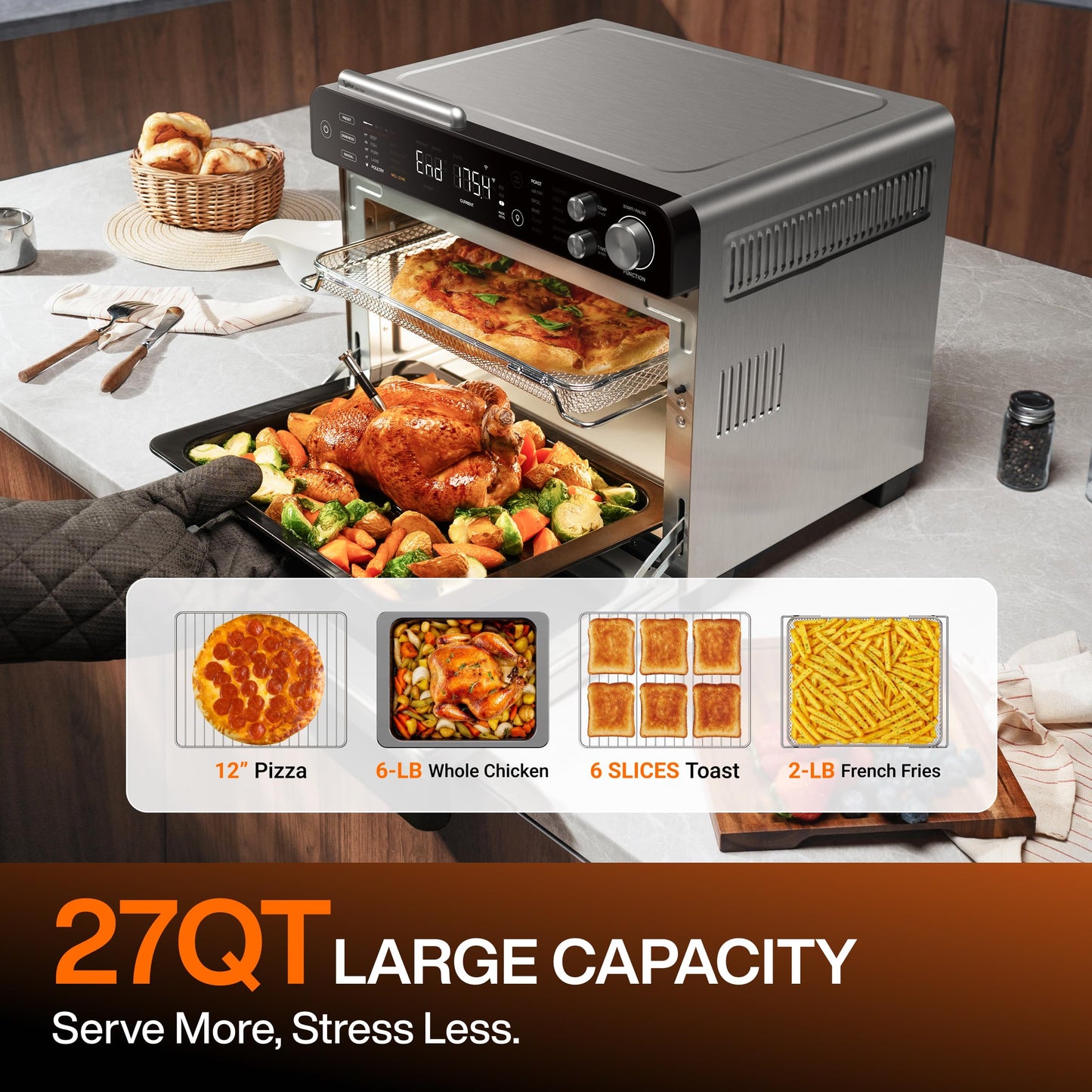 Typhur Sync Oven with Smart AI Wireless Meat Thermometer Probe, 12‑in‑1 Countertop Air Fryer Toaster Oven Combo, 360° Turbo Convection, Dehydrator, Recipe & 5 Accessories, Large 27QT, Stainless Steel