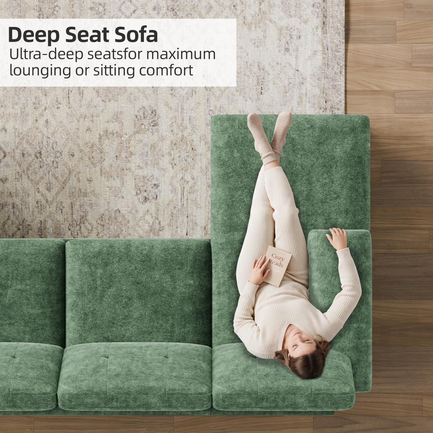 Shintenchi U-Shaped Sectional Couches for Living Room, 4 Seat Sofa with Double Chaise Lounges,Solid Wood Frame Sectional Sofa for Apartment,Green