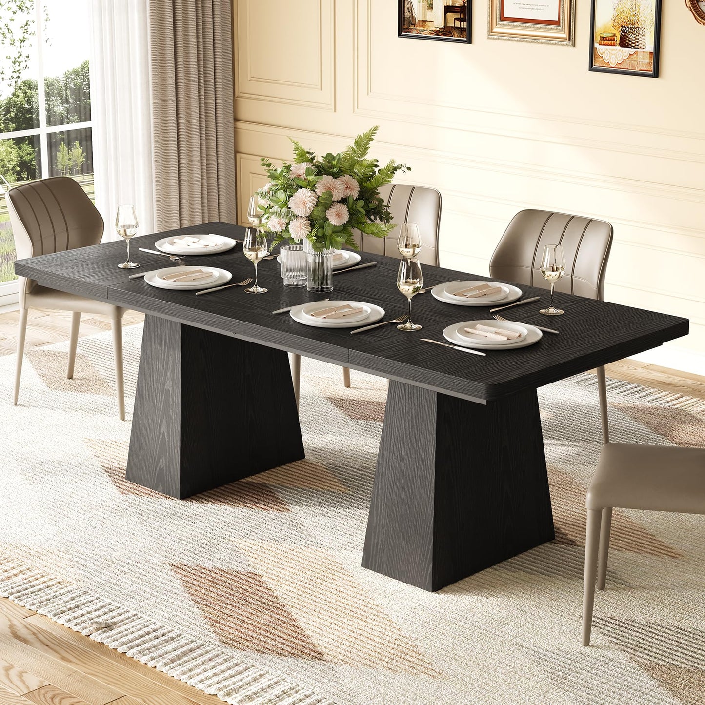 LITTLE TREE Dining Table for 4-6 People, Wooden Table, Rectangle Furniture with Heavy Duty Legs, Modern Kitchen Table for Home, Dining Room, Black