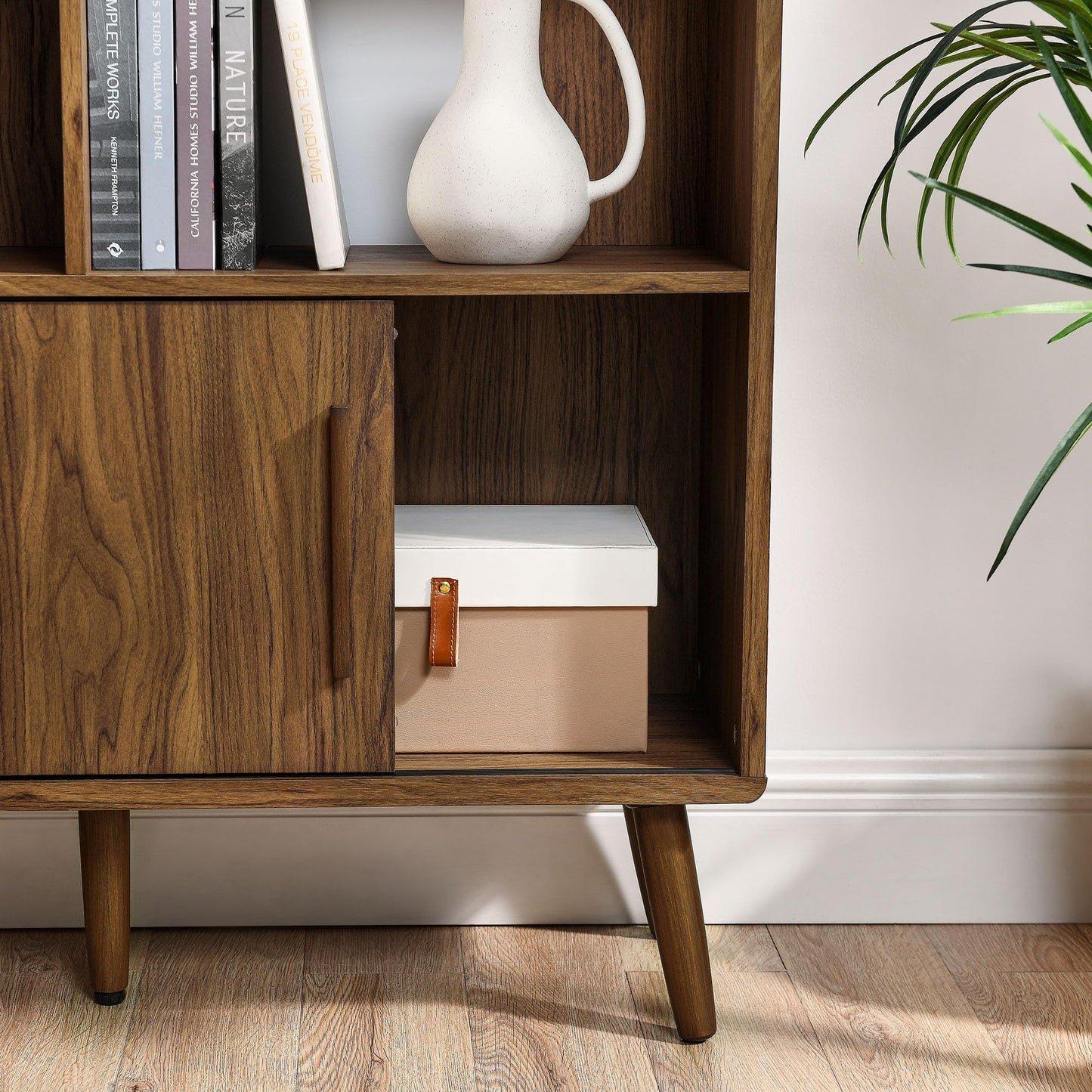Modway Transmit 14 Shelf Bookcase with Sliding Doors in Walnut - 59 Inch Wood Mid-Century Modern Bookshelf - 4 Tier Wide Open Display Storage Cabinet for Living Room, Office, Hallway