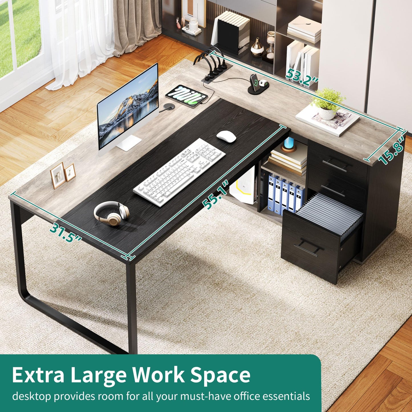 DWVO 71" Executive Desk with Power Outlets, L Shaped Executive Desk with File Cabinet, Computer Desk with Drawers & Storage Shelves, Corner Office Desk with Bookshelf for Home Office, Grey + Black