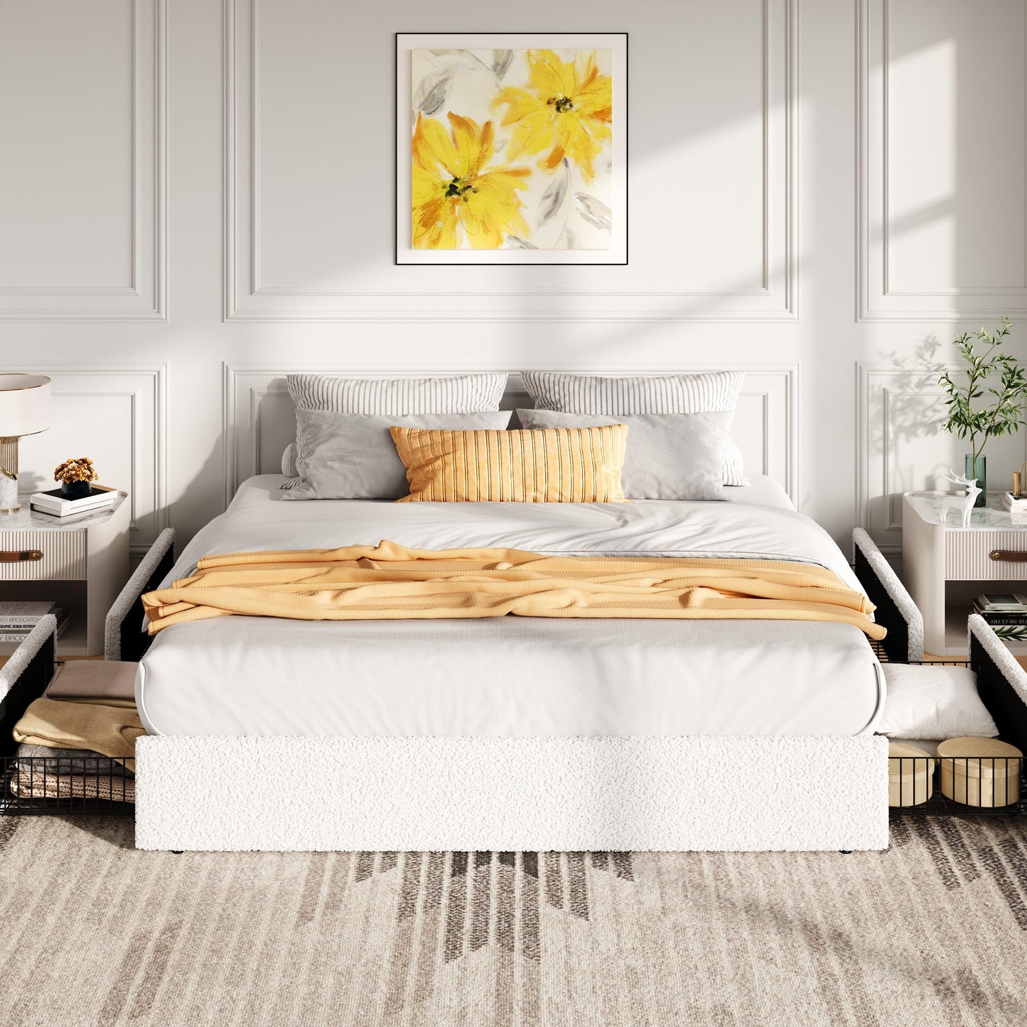 SHA CERLIN Boucle King Size Bed Frame with 4 Spacious Drawers, Platform Bed with Soft Teddy Fabric Upholstery, Sturdy Wooden Slats Support, No Box Spring Needed, Noise Free, Easy Assembly, White