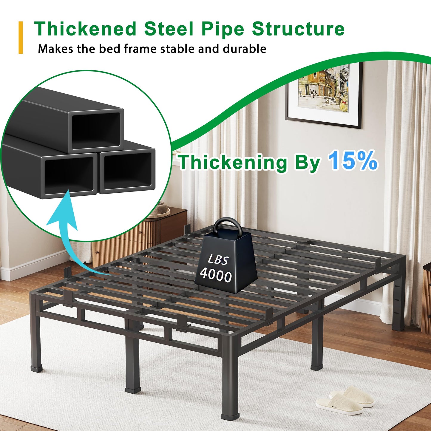 ROIL 22 Inch King Size Bed Frame, Metal Bed Frame & Box Spring 2 in 1 Platform with Round Corner Legs, 4000LBS Double Layer Bed Frame with Headboard Holes Mattress Baffles, Noise-Free Easy Assembly