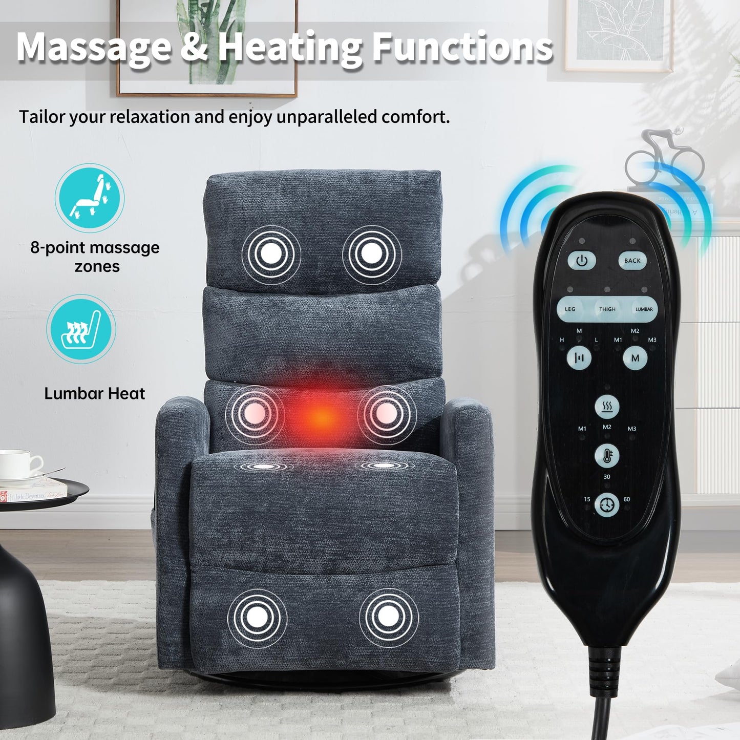 GDFStudio Heat Massage Manual Recliner Chair with Rocking and 360° Swivel, Chenille Fabric Recliner Chair with Lumbar Heat, 8-Point Vibration Massage, 155° Reclining Chair for Living Room, Blue Grey