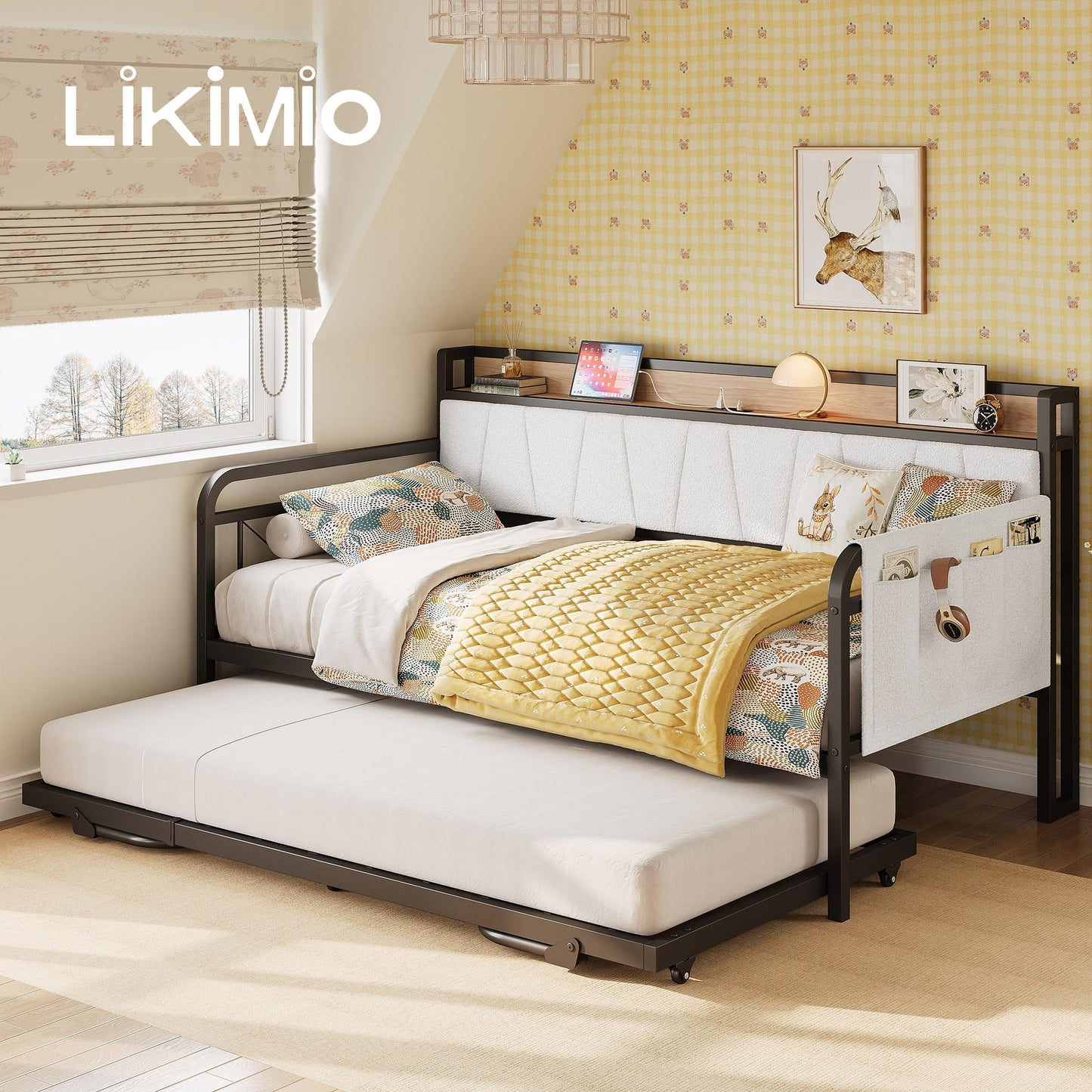 LIKIMIO Twin Daybed, Day Bed with Trundle, Storage Boucle Upholstered Headboard and Charging Station, Trundle Bed with Strong Supports for Living Room, Bedroom, and Guest Room, Cream