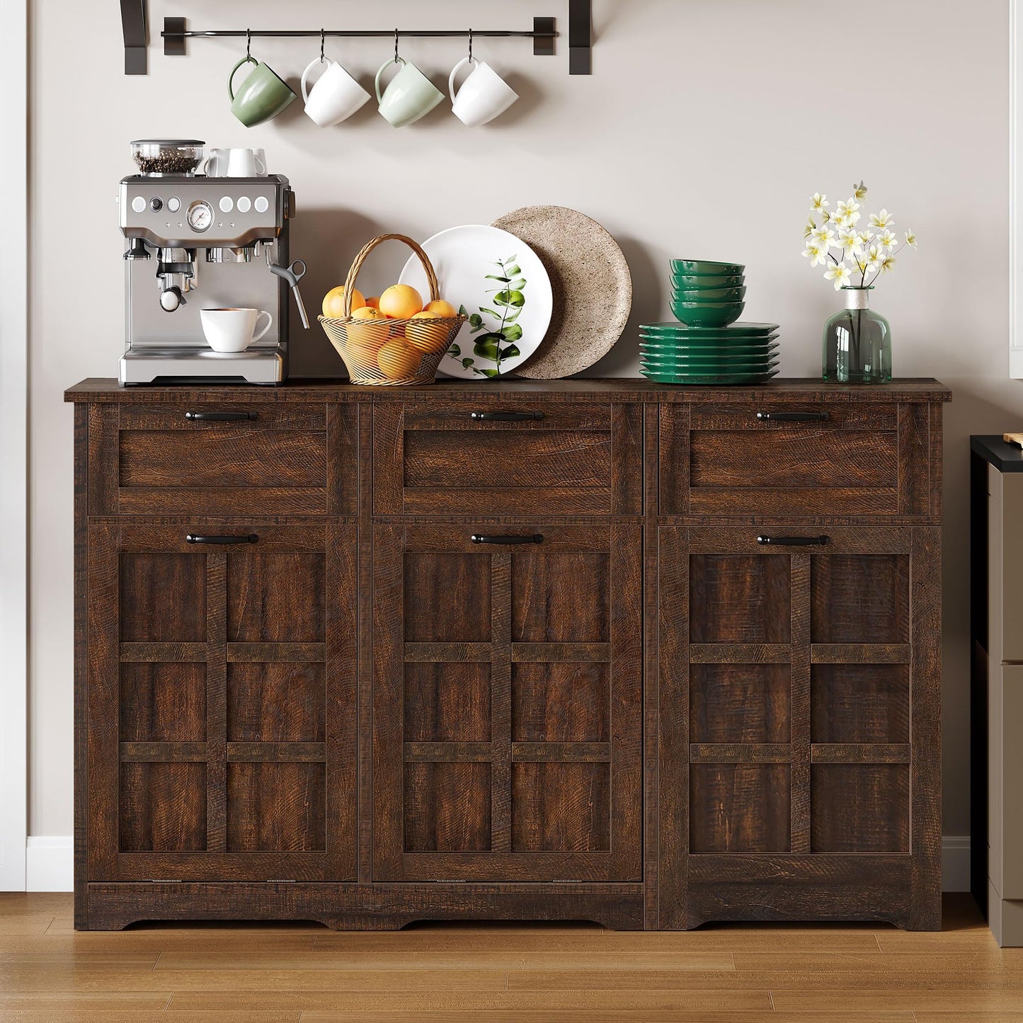 DWVO 58.3" Rustic Kitchen Island Storage Cabinet, Tilt Out Trash Can Cabinet, Farmhouse Kitchen Island with 3 Drawers, 2 Tilt-Out Doors for 10 Gallon Bins, Adjustable Shelf