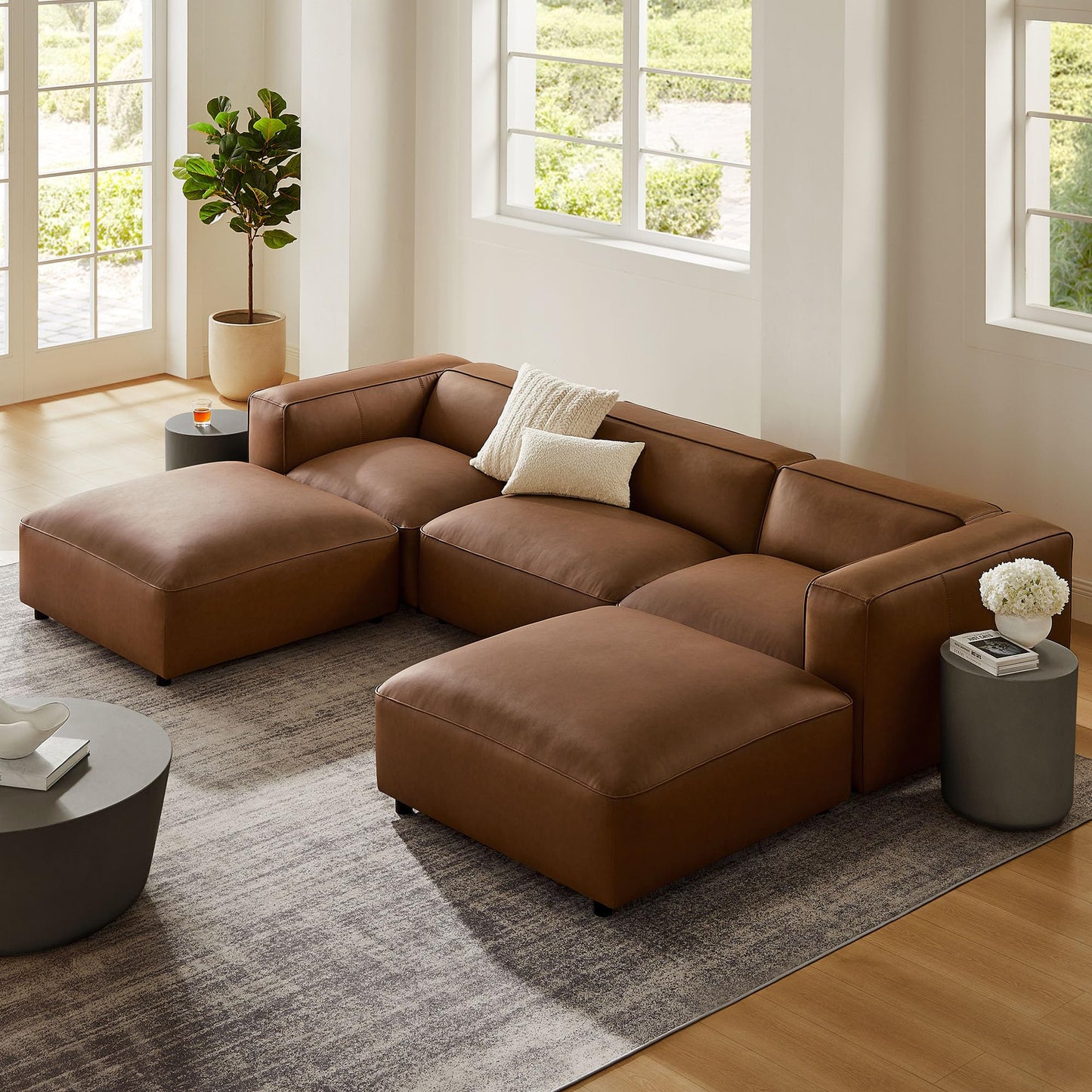 Modway Auren Vegan Leather 5 Piece Modular U-Shaped Sofa in Coffee - Faux Leather Sectional - Comfy PU Leather Sofa - Oversized Mid Century Modern Couch for Living Room or Apartment