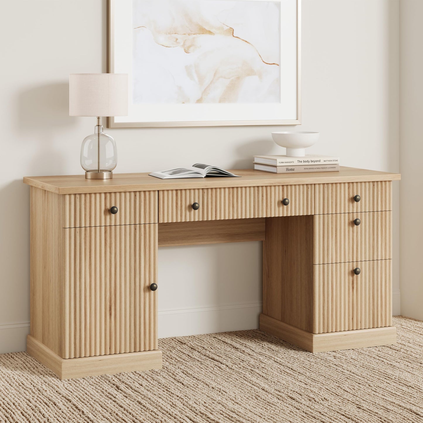 Garvee 60" Office Desk with Storage & Drawers. Fluted Wood Computer Desk with Power Outlet & Adjustable Shelves.Modern Executive Desk for Home Office/Bedroom/Gaming-Burlywood