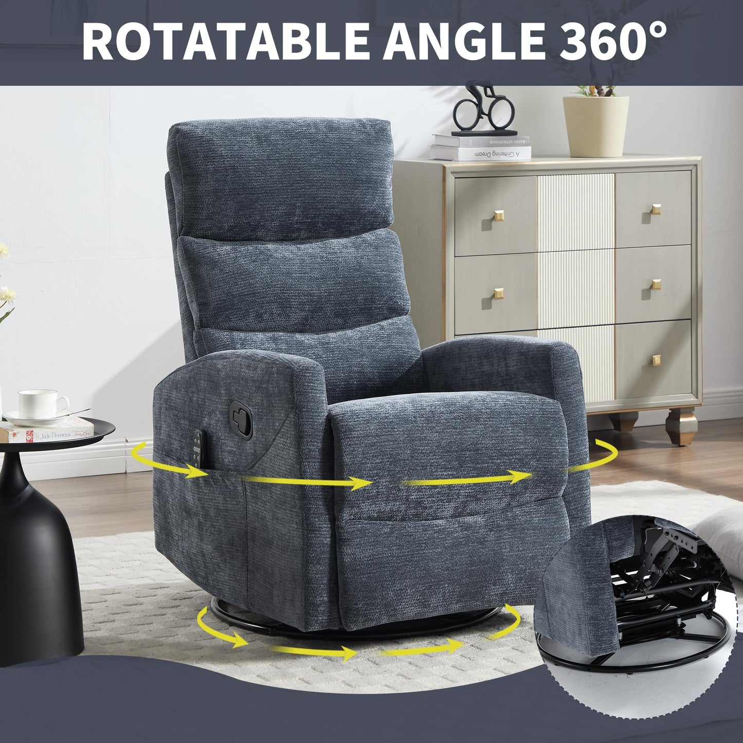 GDFStudio Heat Massage Manual Recliner Chair with Rocking and 360° Swivel, Chenille Fabric Recliner Chair with Lumbar Heat, 8-Point Vibration Massage, 155° Reclining Chair for Living Room, Blue Grey