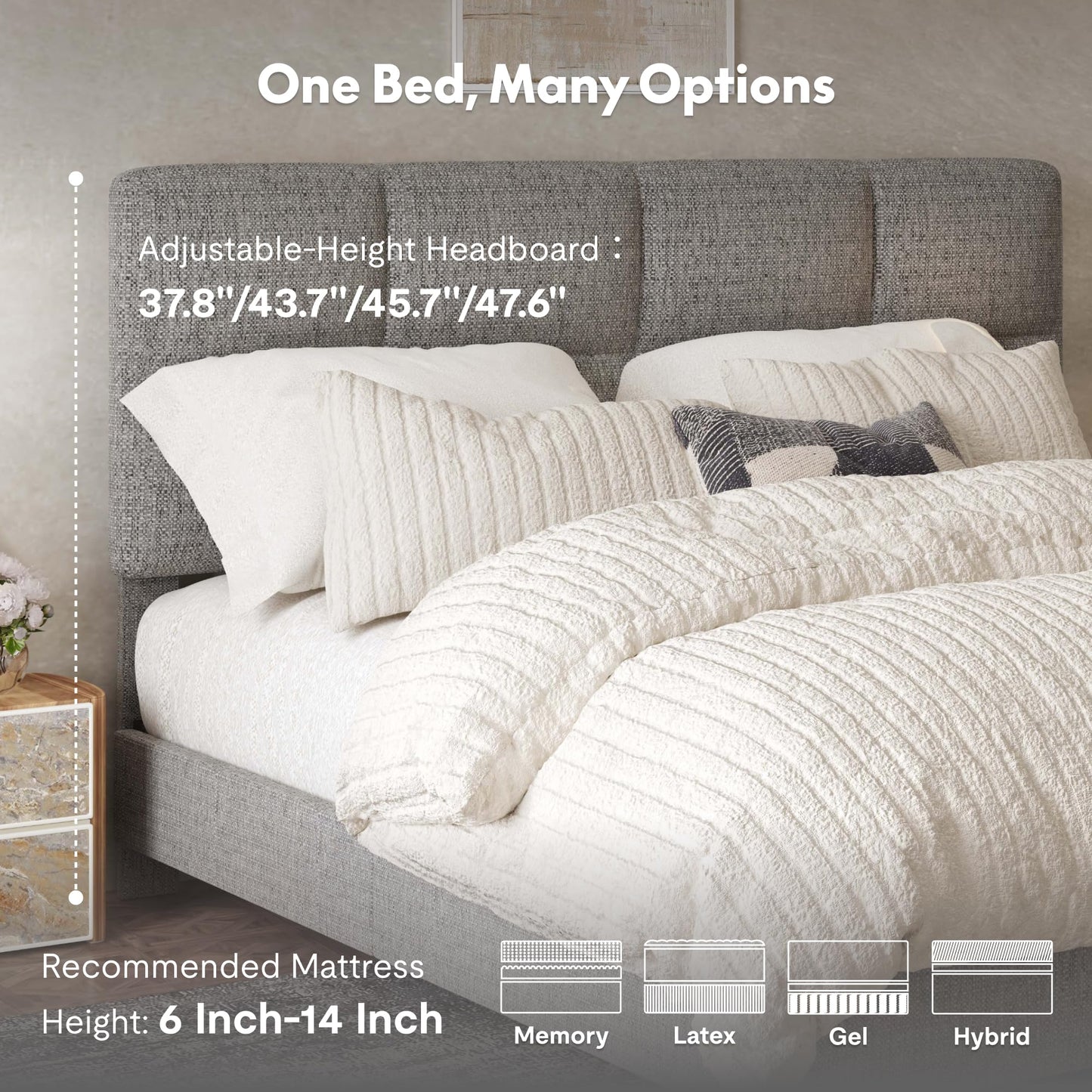 FLEXISPOT Adjustable Bed Frame Queen with Upholstered Square-Tufted Headboard and Footboard, Synchronized Head & Foot Lift, All-in-One, Design, 5-Year Motor & 10-Year Frame Warranty, Light Grey