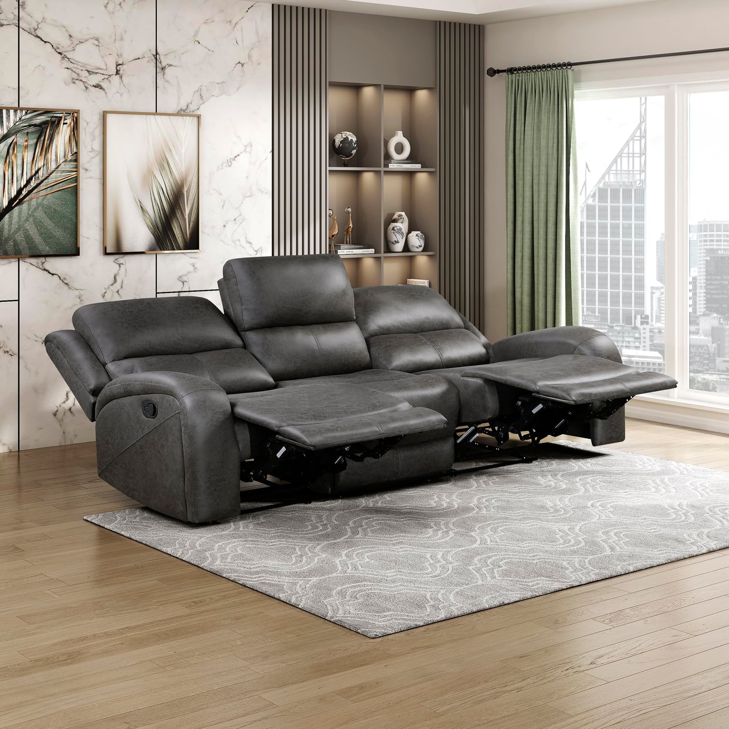 Lexicon Manual Double Reclining Sofa, Polished Microfiber Manual Wall Hugger Sofa Recliner for Living Room, Home Theater Seating, Track Arm, Stitching Cushion, Padded Foam Seat Cushion, Gray
