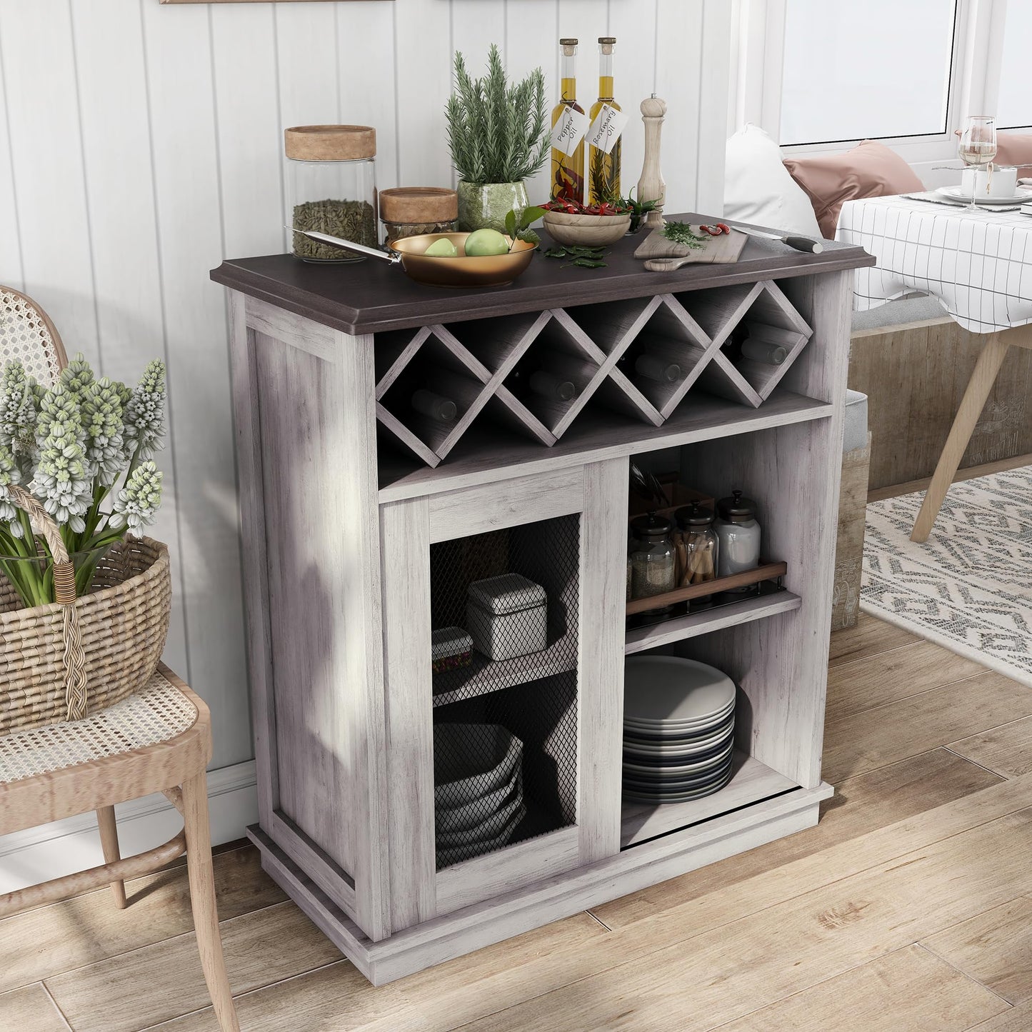 24/7 Shop at Home Wynot Farmhouse 4 Shelves Wood 31 in. Buffet, Sideboard with Wine Rack, Sliding Door for Dining Room, Kitchen, Coastal White