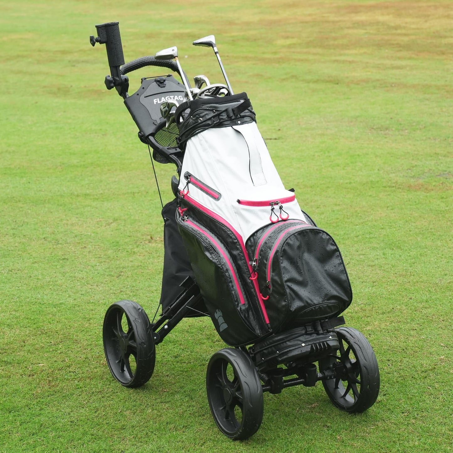 FLAGTAG Golf Push Cart 4-Wheels,Folding Golf Cart, Golf Pull cart with Cup Holder,Umbrella Holder,Cooler Bag, Foldable with one-Click,Handle Height Adjustable,Drink Holder,Walking Push cart
