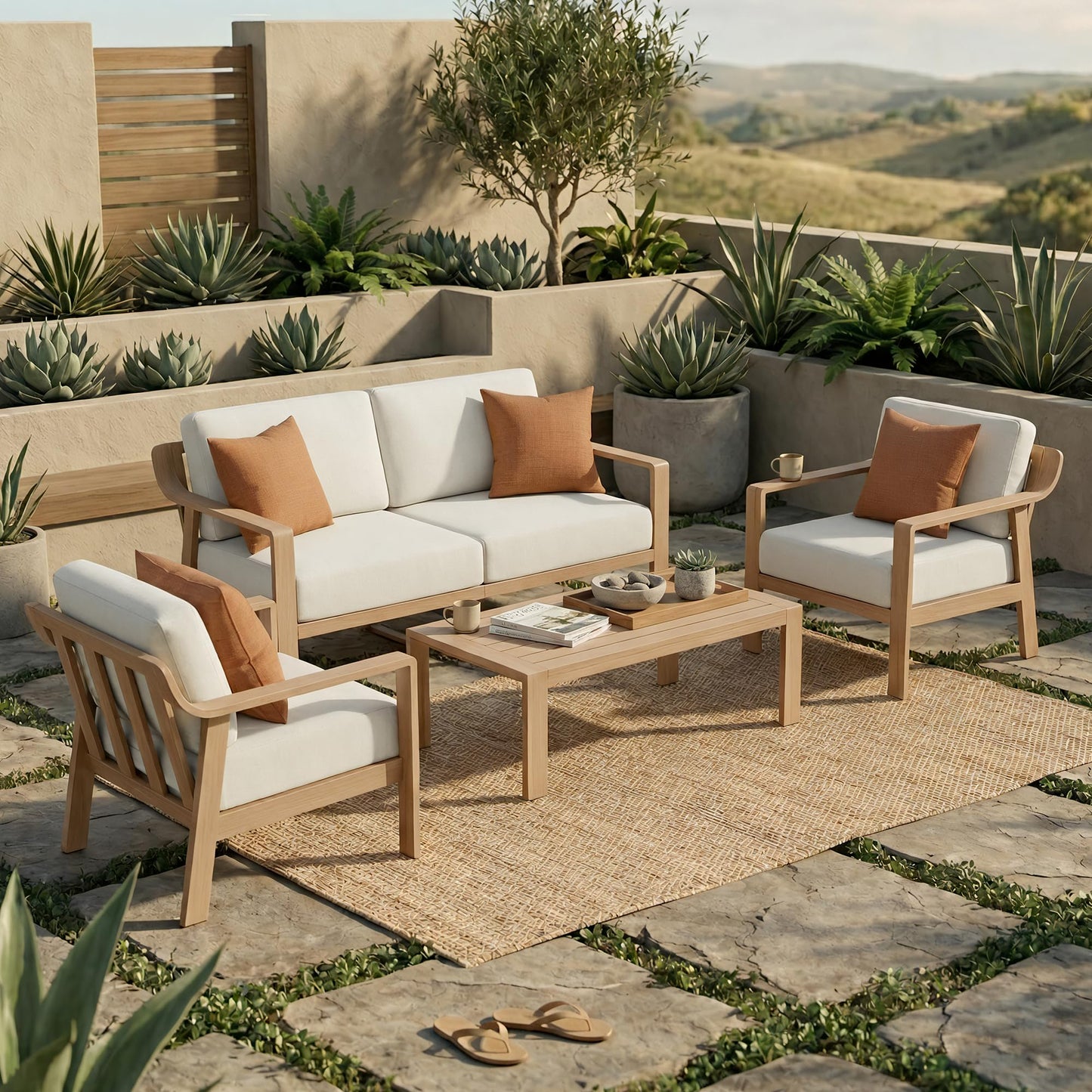 KISLOT Aluminum Outdoor Patio Furniture Set with Coffee Table,4 Seater Patio Conversation Sets with Washable Thick Cushions,Outdoor Sectional Furniture Set for Poolside, Balcony,Wood-Grain Frame