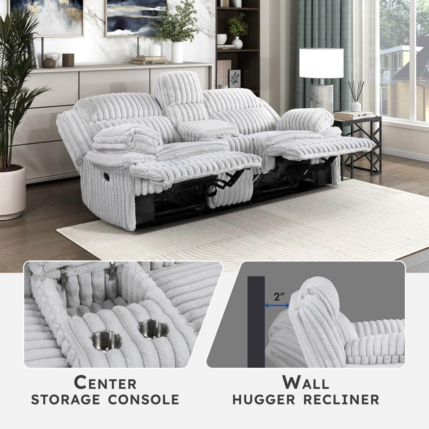 Lexicon Manual Double Reclining Loveseat with Center Console, Corduroy Manual Wall Hugger Recliner Couch, Pillow Top Arms, Cup Holders, Hidden Storage, Cozy Loveseat for Living Room, Gray