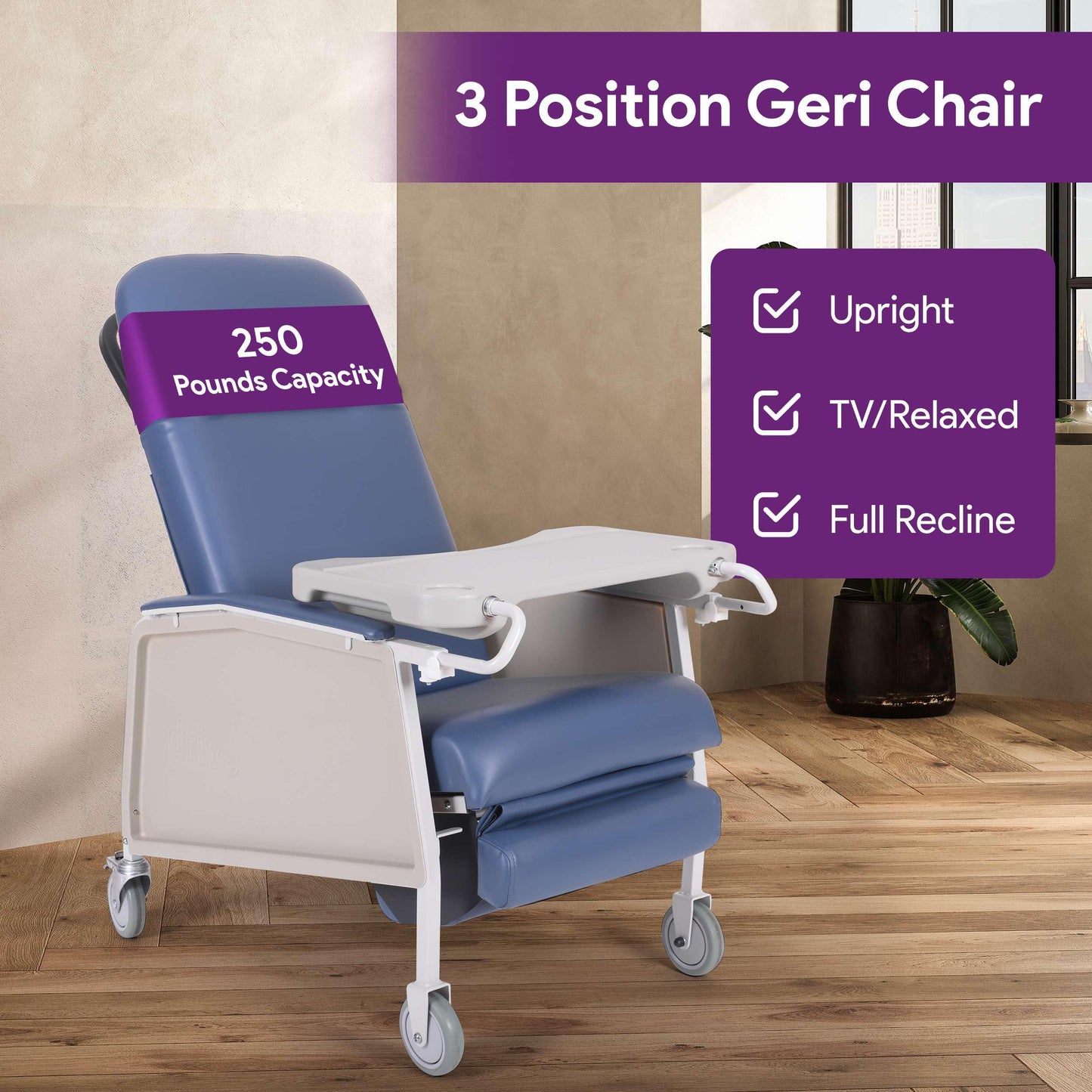 3 Position Geri Chair - Blue Medical Recliner Chairs for Elderly with Meal Tray for Home and Hospital - 250 Pound Weight Capacity - Reclining Medical Chair for TV, Relaxation, Food
