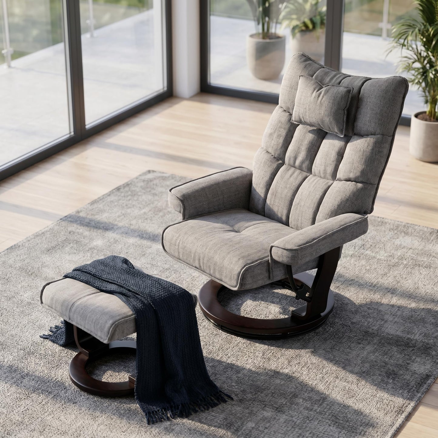 Trygoal Massage Recliner Chair with Ottoman, 360° Swivel Ergonomic Chenille Reclining with 8 Vibration & Heating Points, 135° Lounge TV Chair with Bent Wood Base & Headrest for Living Room, Grey