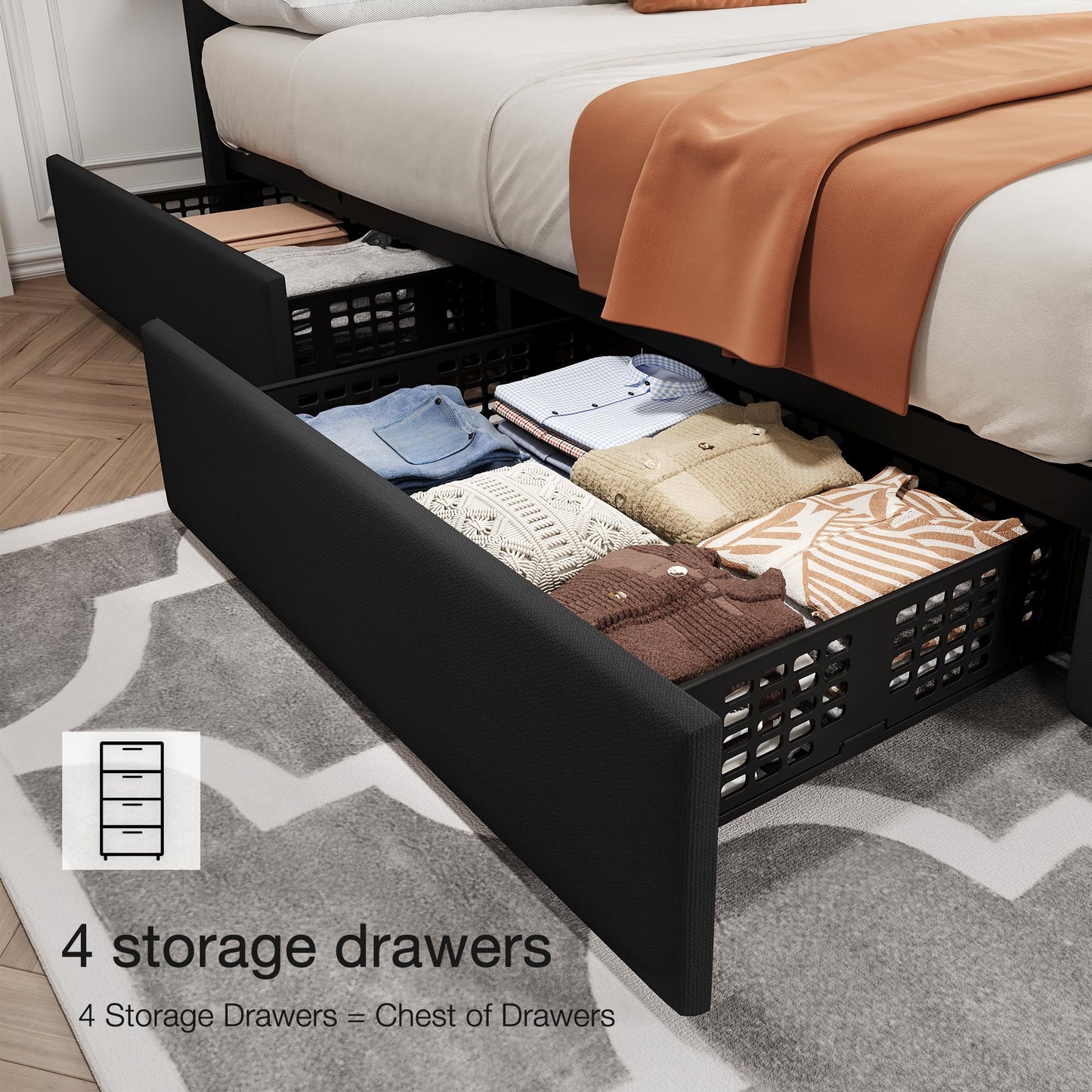 IDEALHOUSE Full Size Bed Frame with 4 Storage Drawers and Adjustable Headboard, Linen Upholstered Platform Beds, Diamond Stitched Button Tufted, No Box Spring Needed, Black