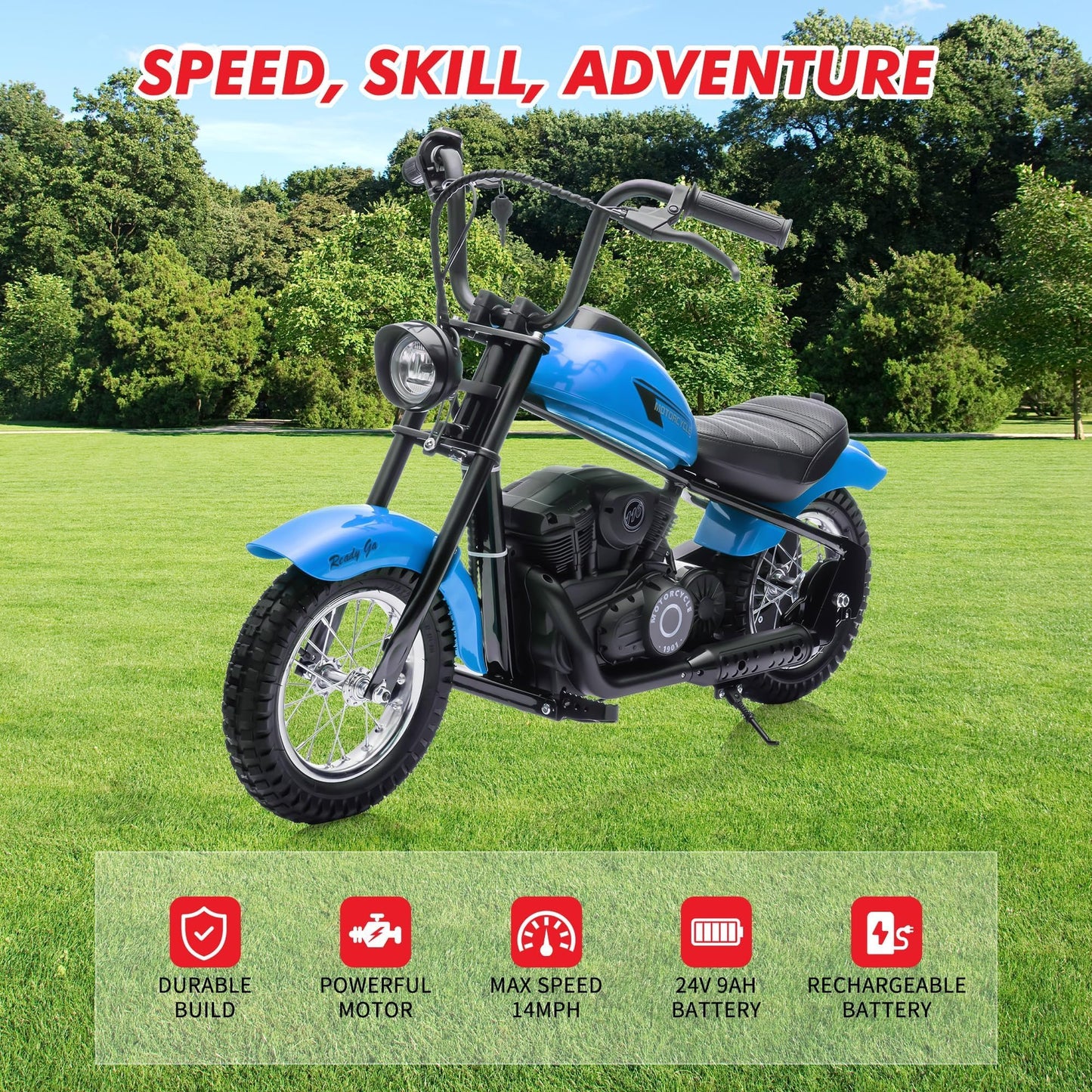 Electric Dirt Bike for Kids 24V, 150lb Max Weight & 15mph, Chain Driven Motor w/12'' Air Filled Tires, Handbrake & Shock Absorbers, LED Lights, Power Display Ride On Toy for Boys & Girls