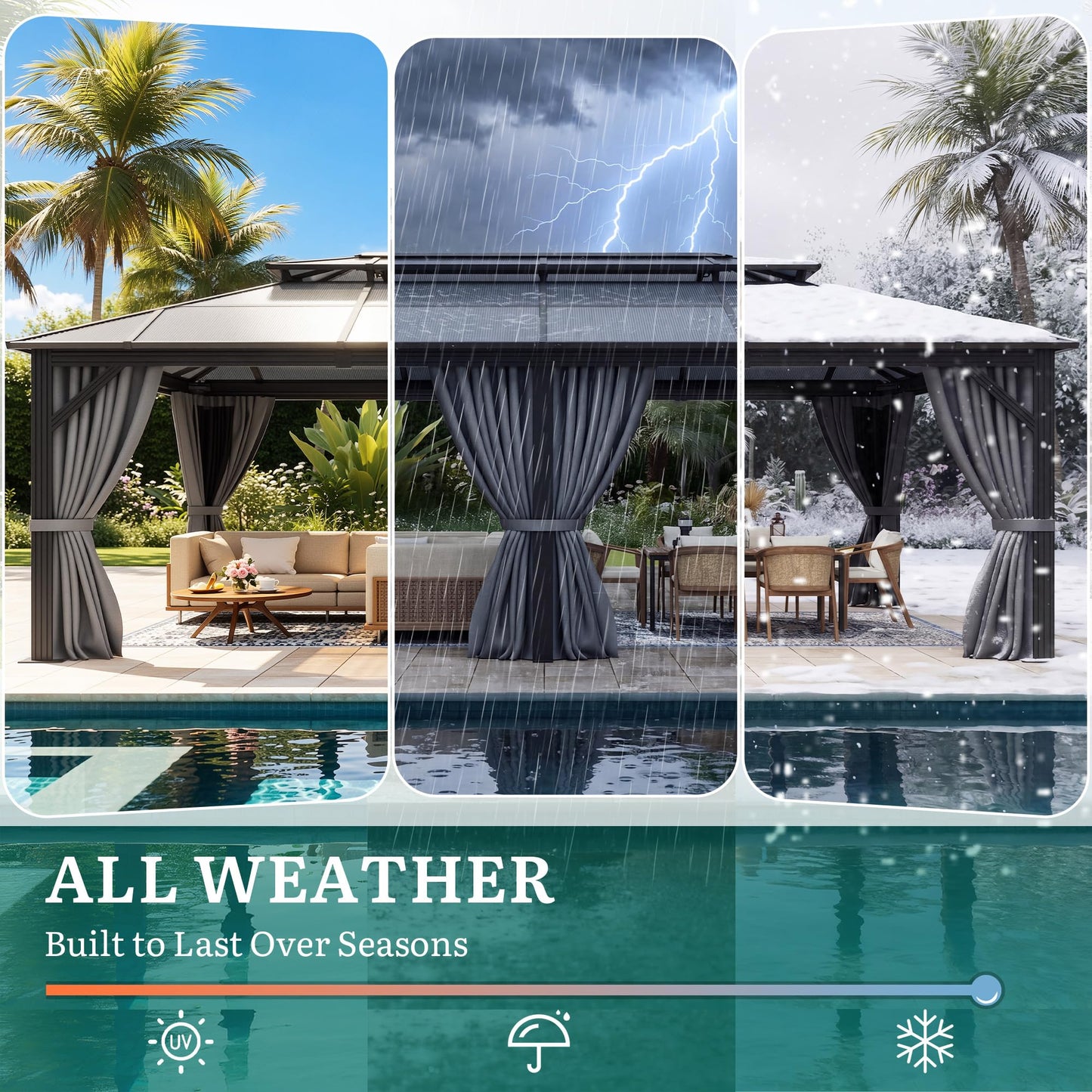 YITAHOME 12x20FT Gazebo Polycarbonate Hardtop Double Roof Canopy Outdoor with Netting and Shaded Curtains, Metal Frame Garden Tent for Patio, Backyard, Deck and Lawns, Grey