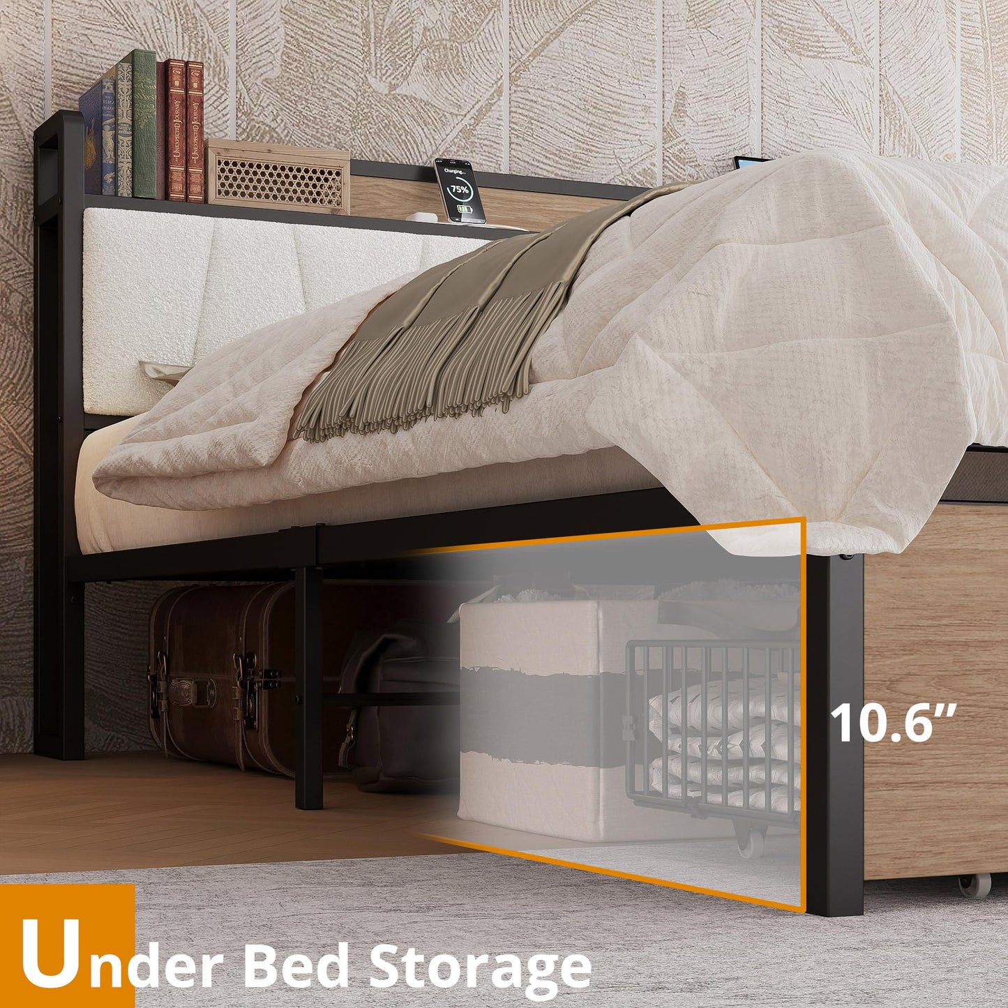 LIKIMIO King Size Bed Frame with 2 Drawers and Charging Station