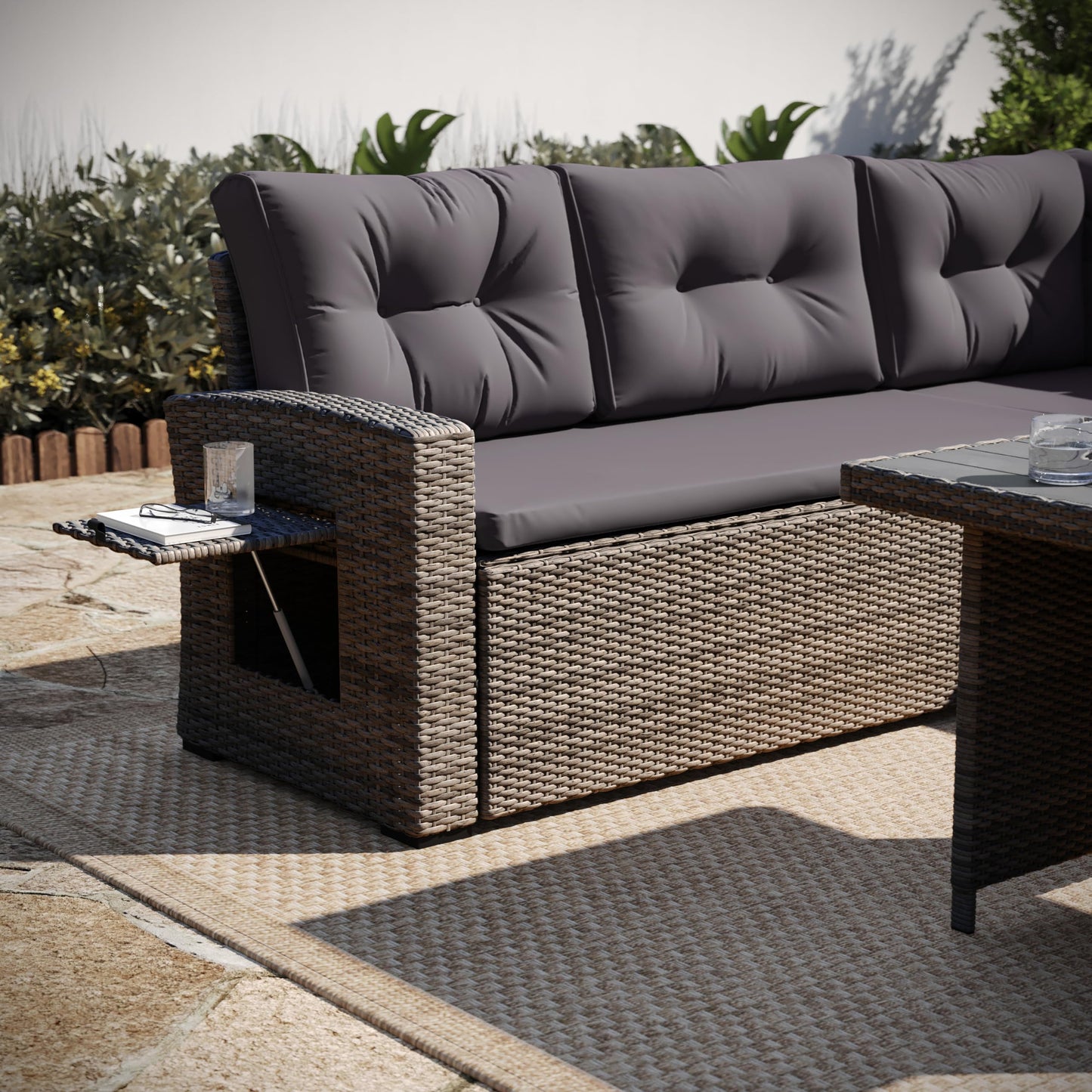 Flash Furniture Huck Wicker Rattan Conversation Set, Versatile Indoor/Outdoor Use, L-Shaped Sofa and Dining Table, Weather-Resistant Cushions, Gray