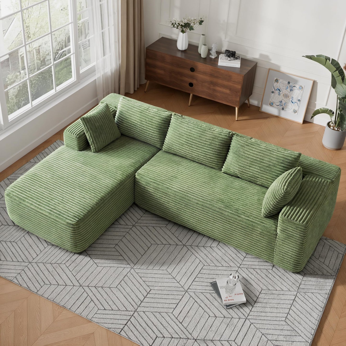 Topcomfy 106” Modular Sectional Sofa, Cloud Sectional Couch with High-Density Memory Foam, L-Shaped Boneless Sofa for Living Room, Pet-Friendly Corduroy Modular Couch, No Assembly Required Green