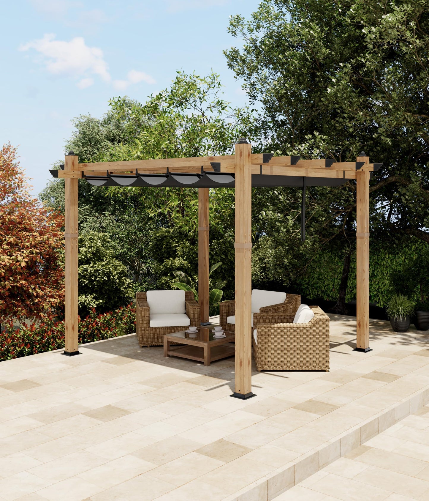 KYBOLT 10x10 Ft Outdoor Pergola Aluminum Pergola with Retractable Canopy Wood-Grain Sun Shade Shelter for Garden Patio Backyar Deck(Gray)