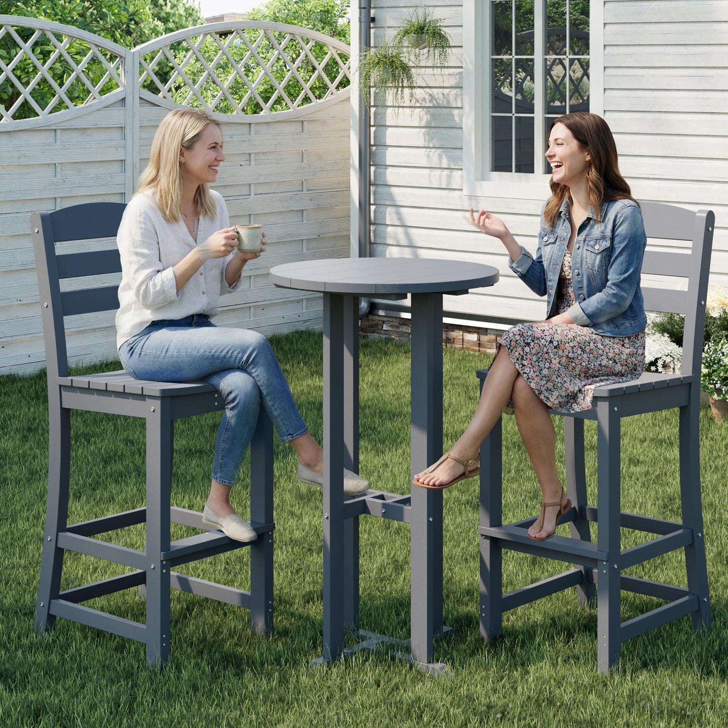 Shintenchi 3 Pieces Outdoor High Top Bar Set, 1 Patio High Top Round Table and 2 Bar Height Tall Adirondack Chair, All-Weather Outdoor Bistro Bar Set for Balcony Pool Deck, Dark Grey