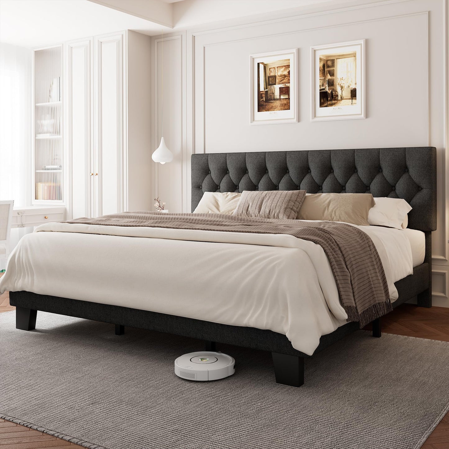 Einhomn King Size Upholstered Bed Frame with Headboard, Tufted Button Linen Bed Base, Platform Bed with Heavy Duty Wood Slat Support, No Box Spring Needed, Easy Assembly, Noise-Free, Dark Grey