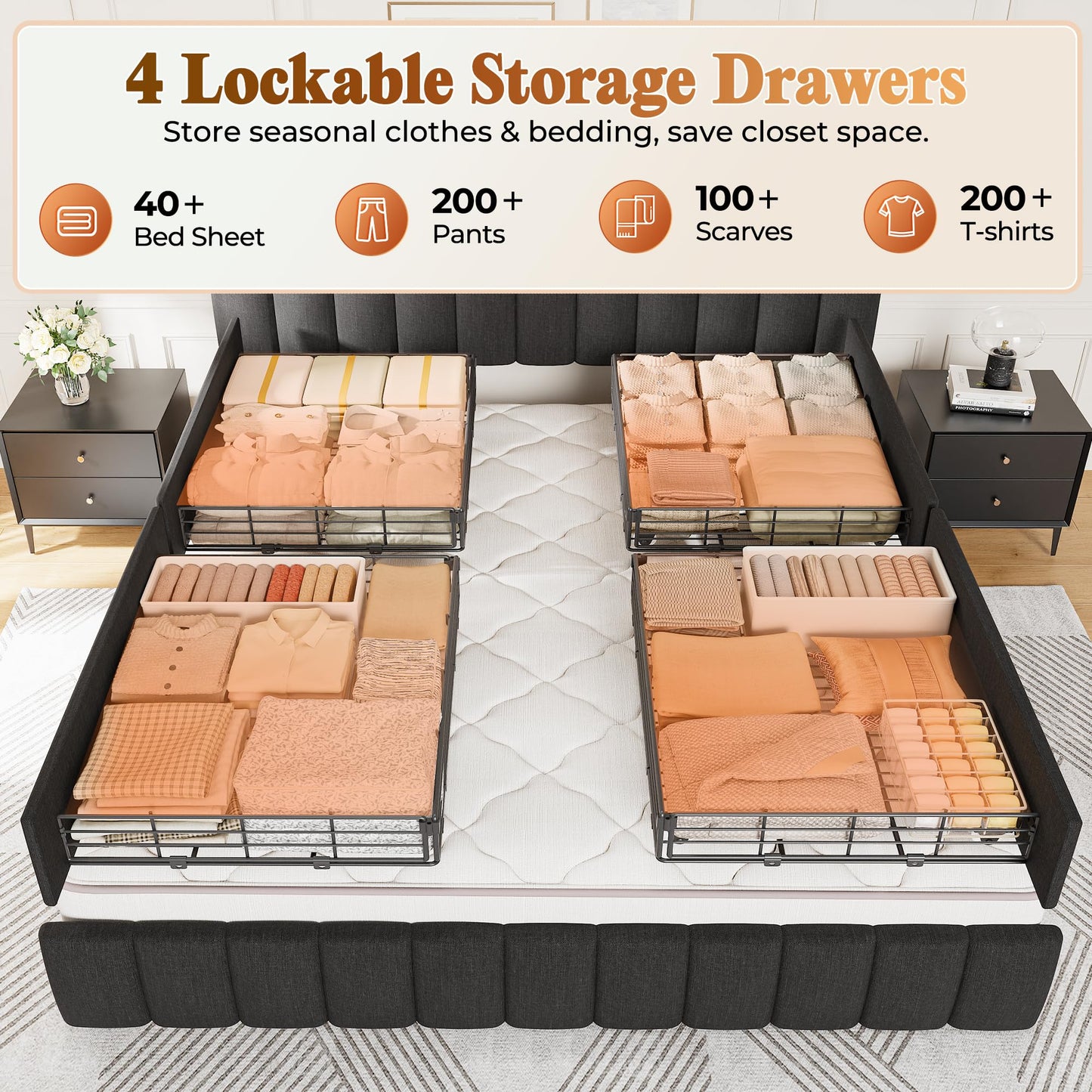 PRAISUN Bed Frame King Size with Upholstered Headboard & Charging Station, King Bed Frame with 4 Storage Drawers, 2-Tier Open Shelves, No Box Spring Needed, Slient Foam Strip, Easy Assembly, Black
