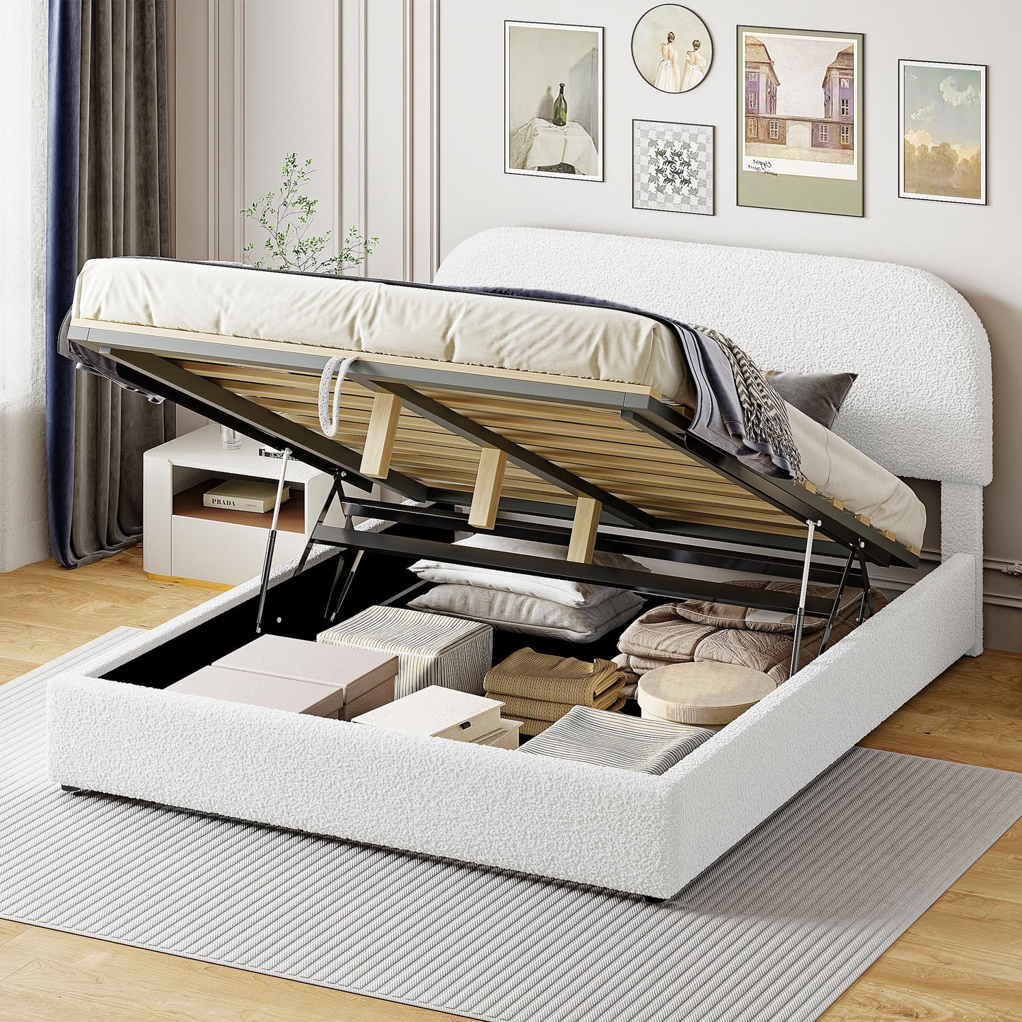 Merax Teddy Fleece Queen Size Upholstered Platform Bed with Hydraulic Storage System, White