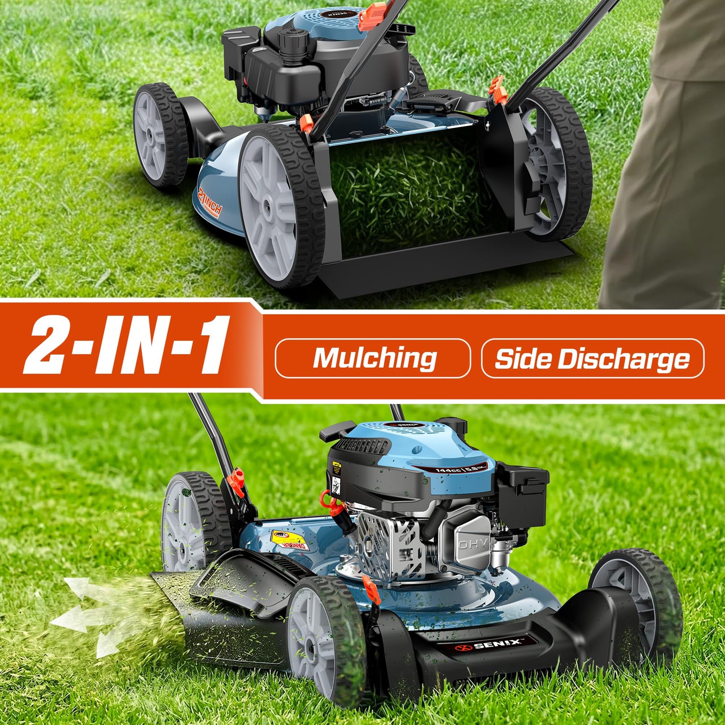 SENIX 144 cc Gas Lawn Mower, 21 inch 2-in-1 Push with Mulching and Side Discharge, 4-Cycle Engine, 6 Position Cutting Height Adjustment for Yard and Garden