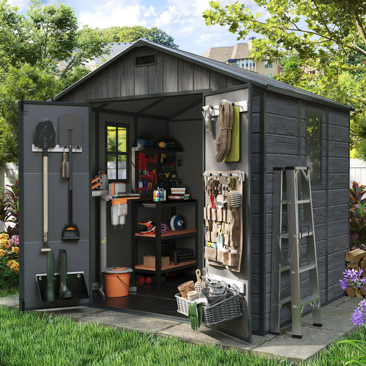 Amopatio Storage Shed 6x8, Resin Outdoor Shed with Floor Included, Plastic Sheds Outdoor Storage for Garden Tools, Bike, Sheds & Outdoor Storage with Lockable Door, Window & Vents, Charcoal Gray