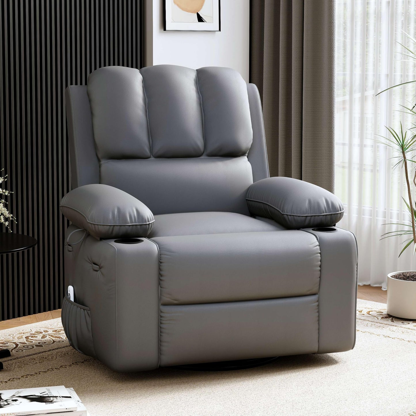 Garvee Oversized Swivel Rocker Recliner Chair - Heat and Massage, Leather Manual Recliner for Adults, Lazy Chair with Cup Holders, Comfort Arms and Back Single Sofa for Living Room
