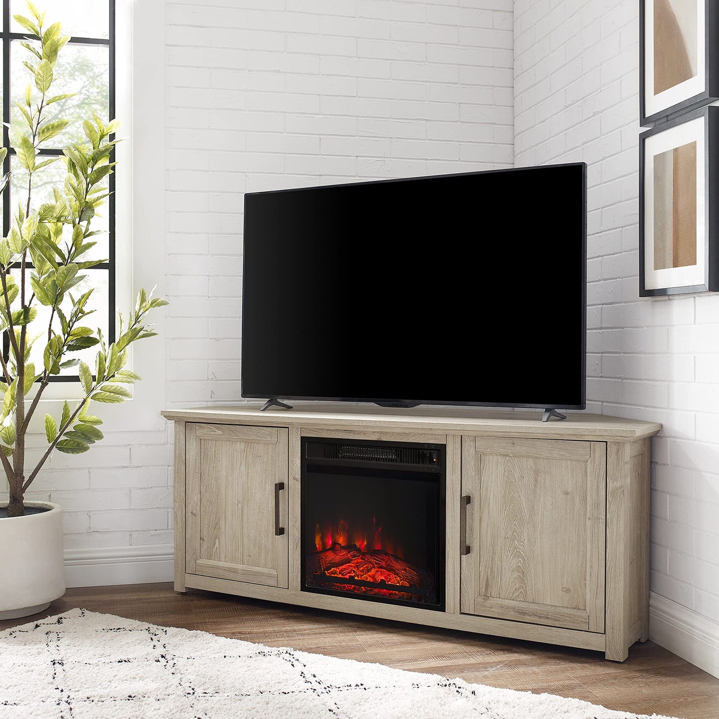 Crosley Furniture Camden Corner Fireplace TV Stand for 65+ inch TVs, Entertainment Center with Storage Shelves, Frosted Oak