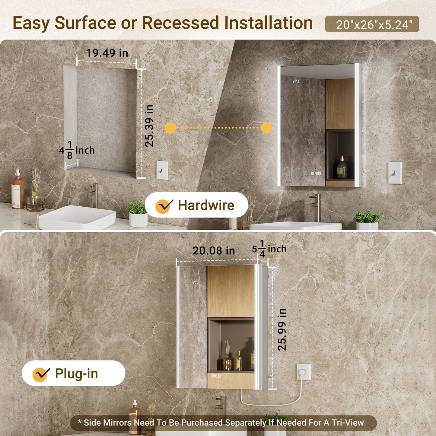 QueenFun Lighted Medicine Cabinet Mirror with Lights & Smart Night Lamp -20x26 Surface or Recessed Medicine Cabinet Mirror with Outlet & Clock,Fogless Dimmable LED Storage Mirror,Built-in Sensor Light