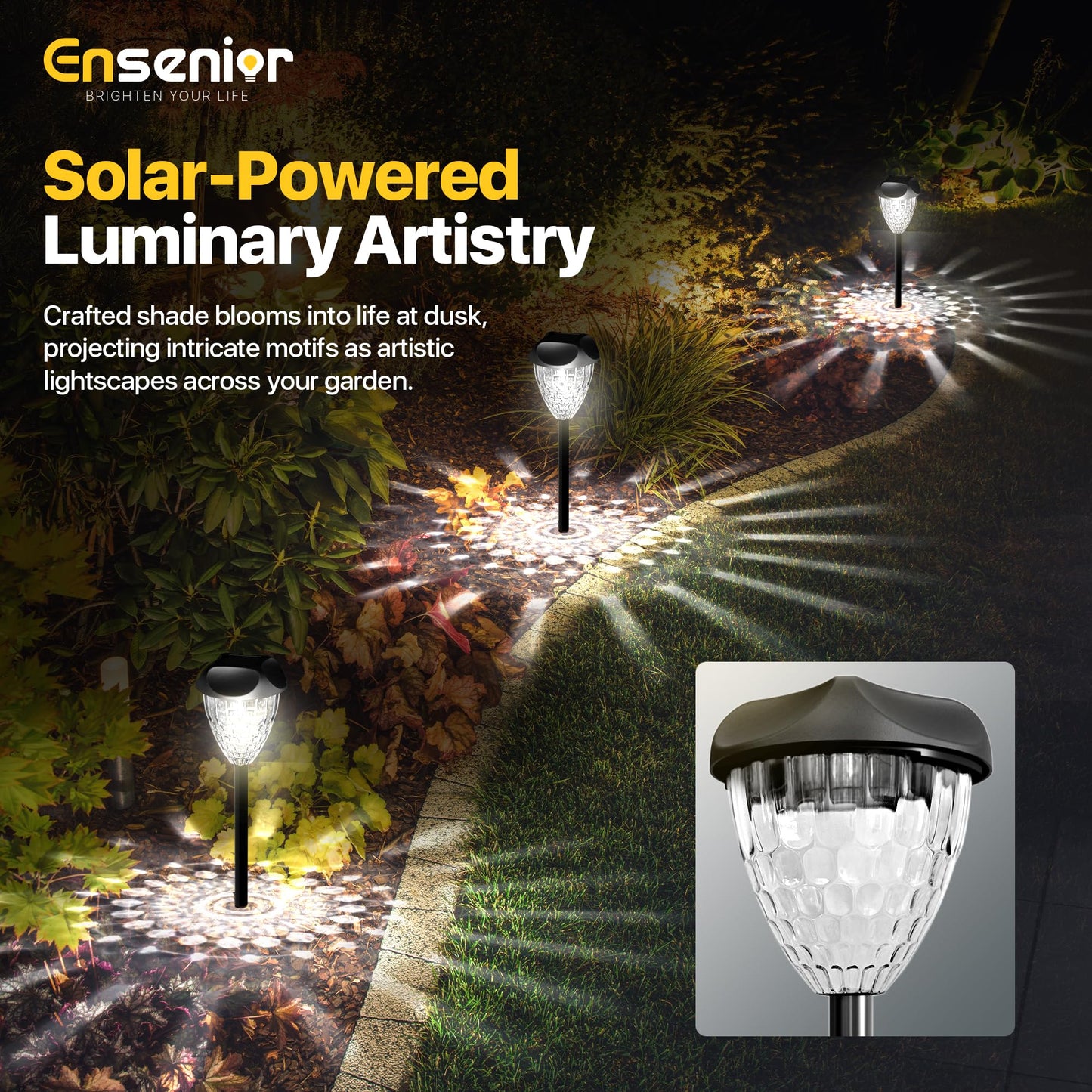 Ensenior 12-Pack Solar Garden Lights, Cool White LED, Auto ON/OFF, Waterproof, Plastic, Model CP3-10CM-65K-12-BL-ZY-M02