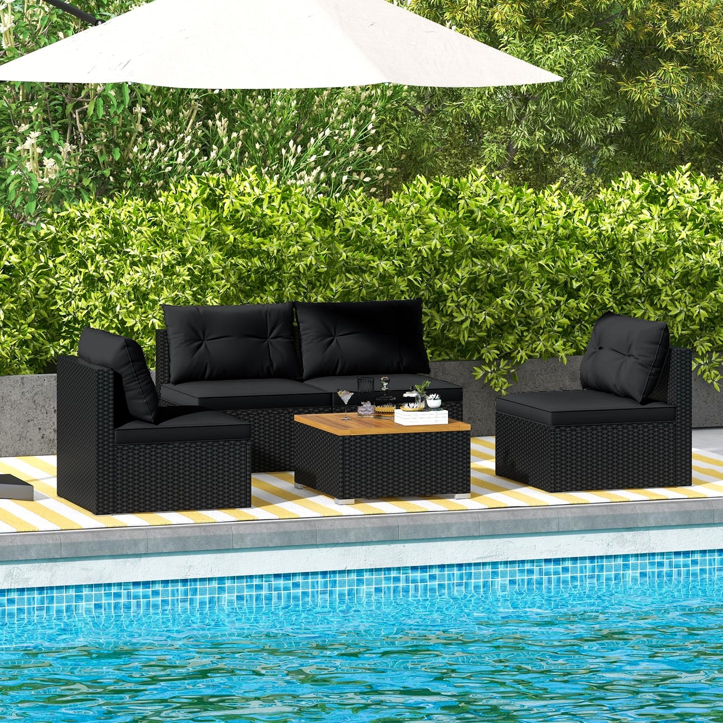 Tangkula 5 Pieces Wicker Patio Furniture Set, Outdoor 4 Armless Rattan Sofa & Coffee Table Set, with Cushions, Acacia Wood Tabletop, Sectional Patio Conversation Set for Lawn, Yard, Poolside, Black