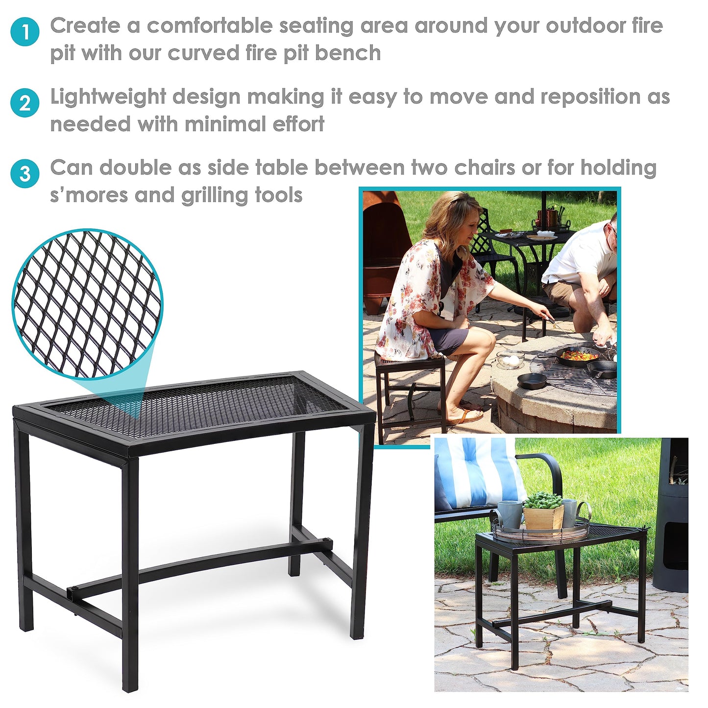 Sunnydaze Mesh Outdoor Curved Bench - Metal Patio Bench Set - Heavy-Duty Outdoor Seats for Backyard or Fire Pit - Black - Set of 4