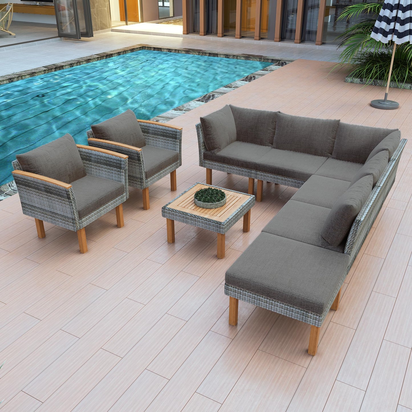 Merax 9-Piece PE Rattan Patio Furniture Set, Outdoor Modular Sectional Sofa Conversation Sets with Coffee Table, Acacia Wood Legs and Tabletop, Washable Cushion, Gray