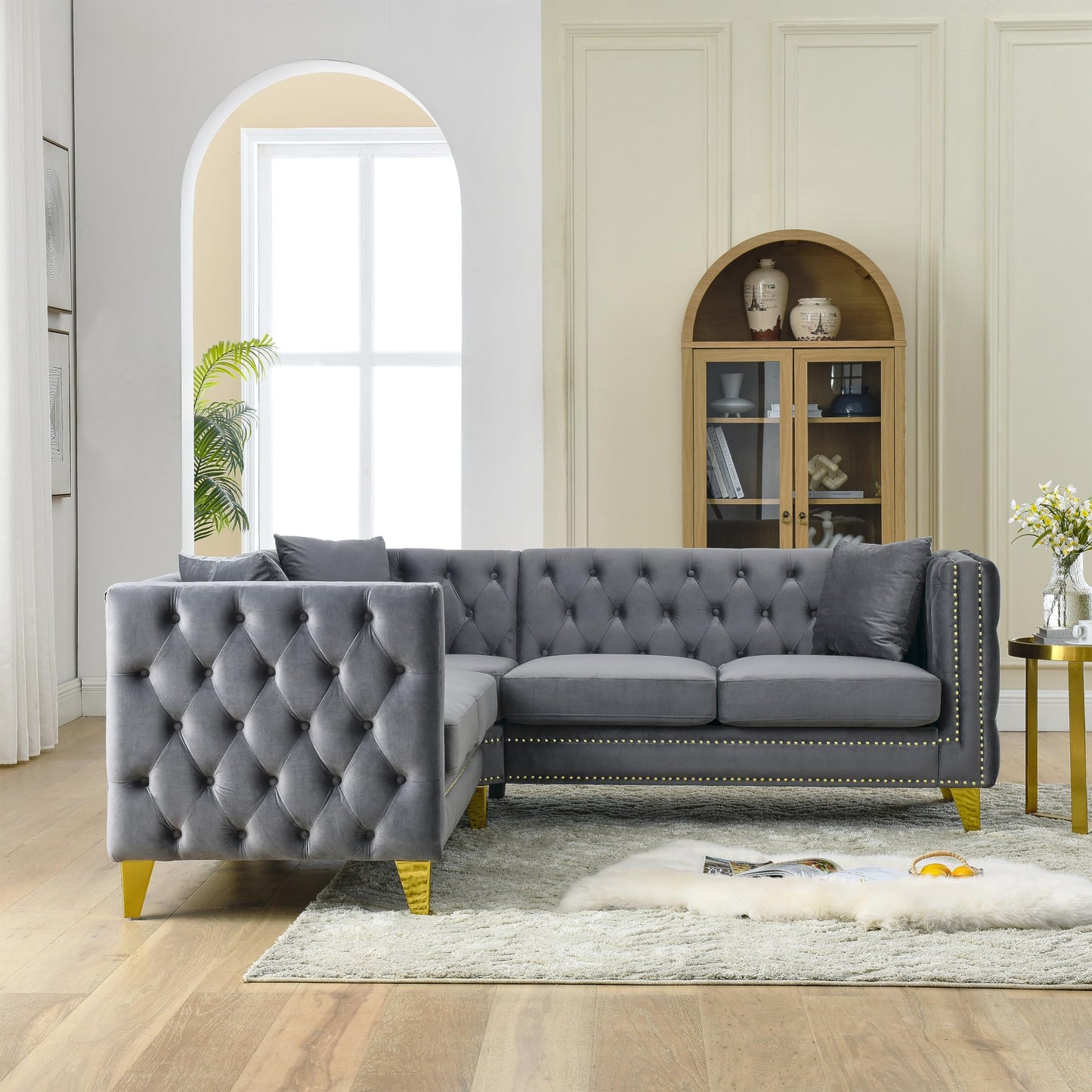 KEIKI 82.2" Tufted Velvet Corner Sofa, 5 Seat L-Shaped Sectional Couch for Living Room, Buttons Tufted Square Arm Couch for Home Apartment, Gray