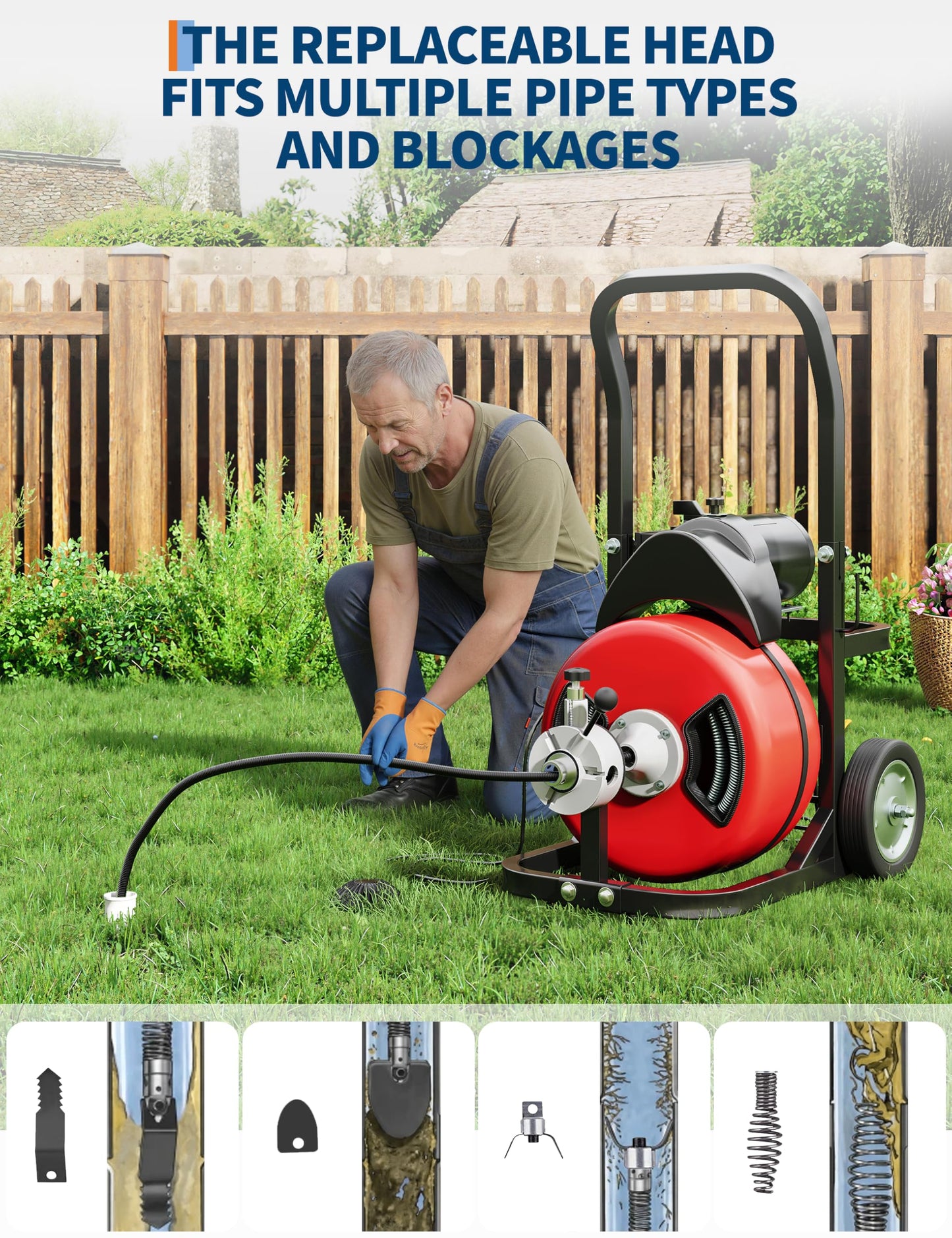 Drain Cleaner Machine 100FT x 1/2 Inch Steel Core Cable Portable 370W Electric Drain Cleaning Machine With Sewer Auger, Cutter, Air-activated Foot Switch, Wheels for Commercial, Home