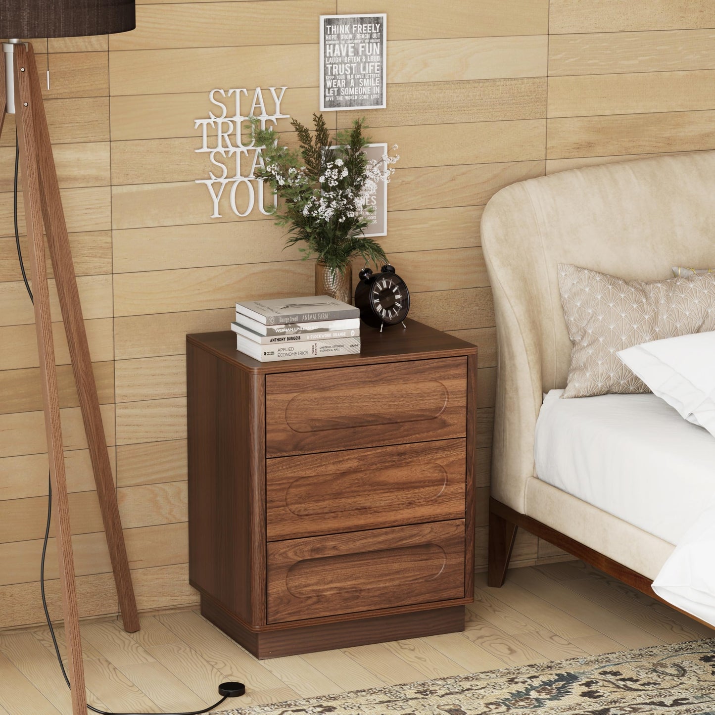 Aoikax Modern 3 Drawer Nightstand X 2P with Push-to-Open Drawers, Mid-Century Bedside Table with Raised Base for Bedroom, Oval Groove Panel Front, Dark Walnut Color