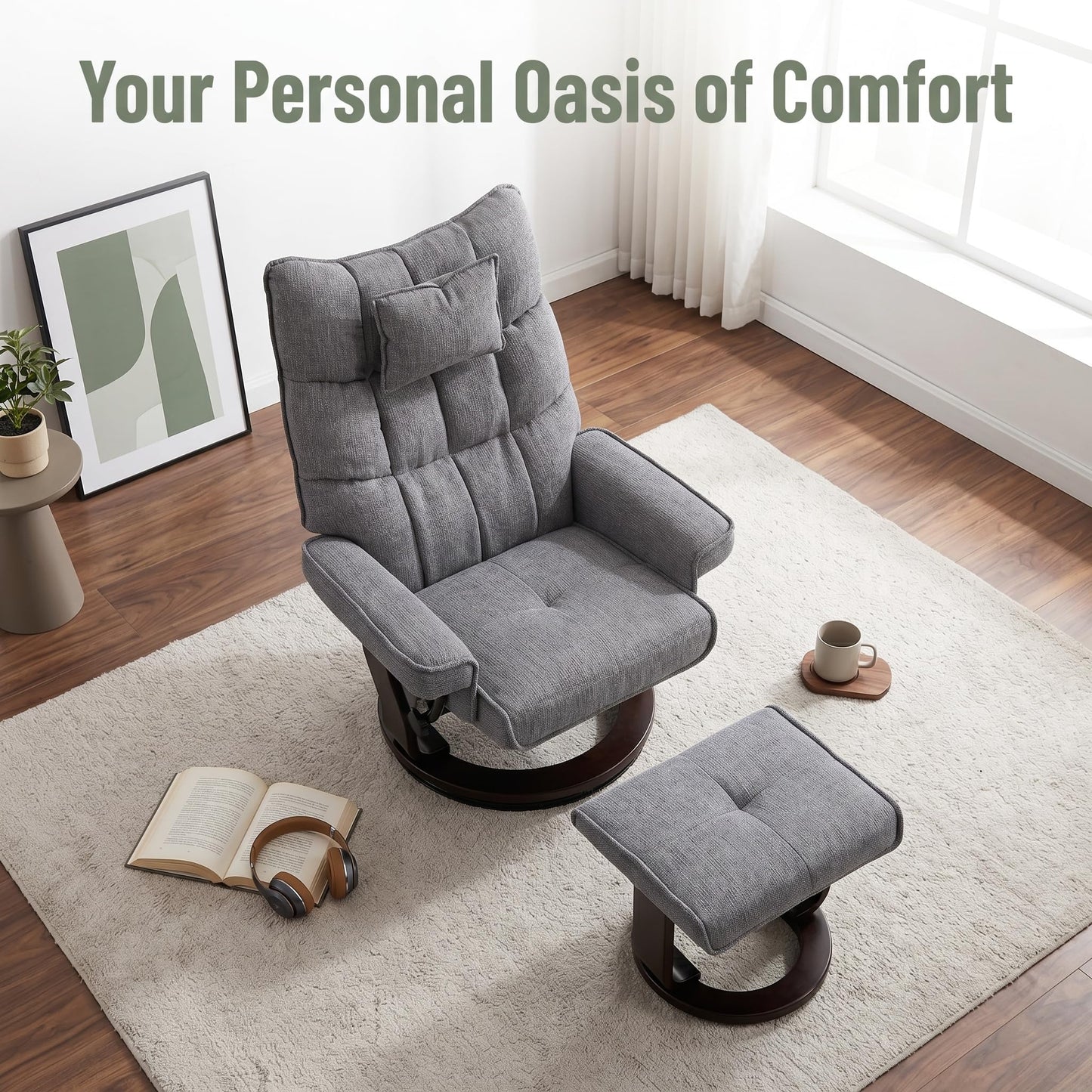 Trygoal Massage Recliner Chair with Ottoman, 360° Swivel Ergonomic Chenille Reclining with 8 Vibration & Heating Points, 135° Lounge TV Chair with Bent Wood Base & Headrest for Living Room, Grey