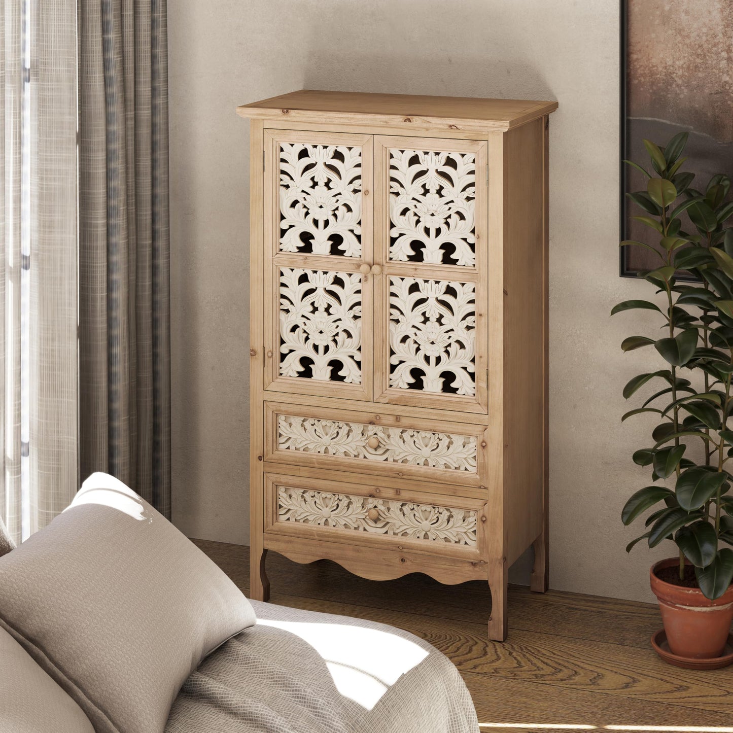 Aoikax 48" Boho Farmhouse Hollow Carved Pantry Cabinet with 2 Drawers