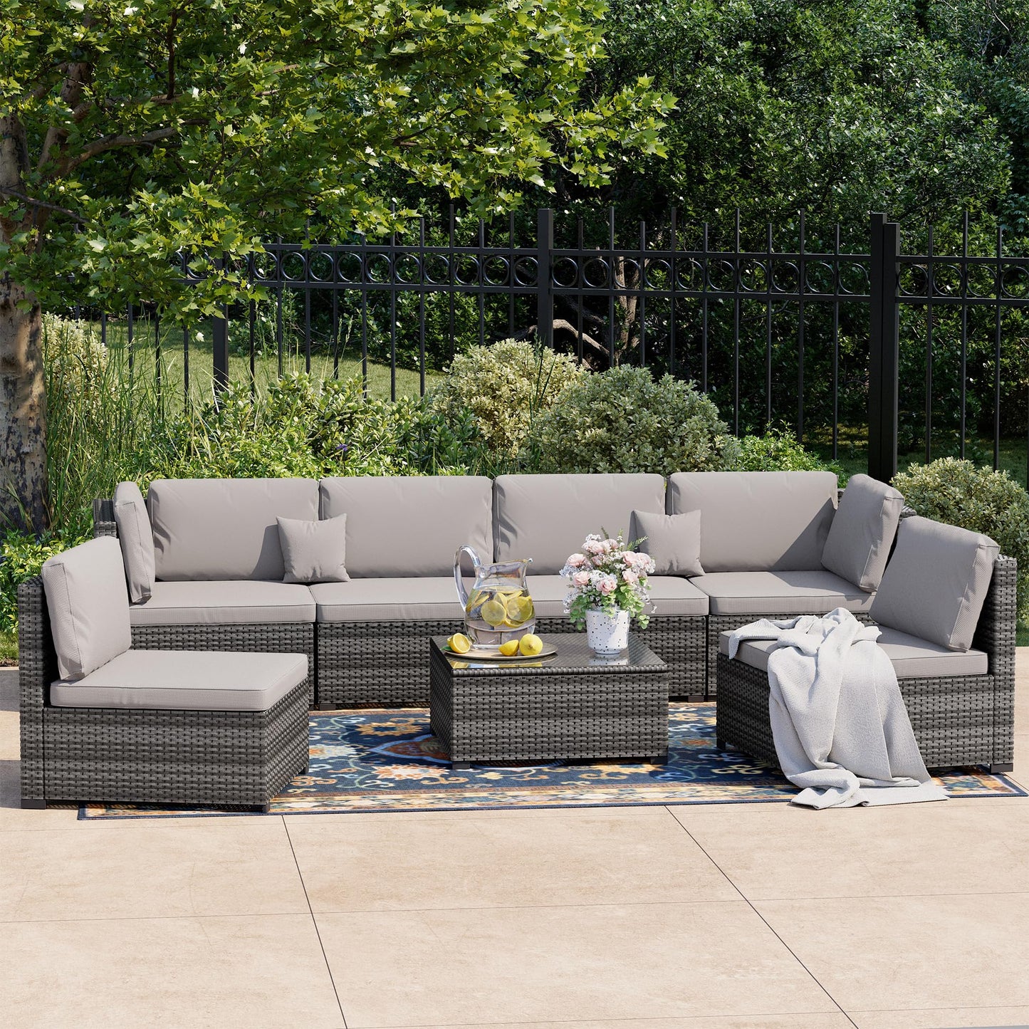 LHBcraft 7 Pieces Outdoor Furniture Set, Wicker Furniture Patio Conversation Sets with Tea Table and Thickened Beige Cushions,Grey Outdoor Patio Sectional Sofa for Garden, Poolside, Backyard