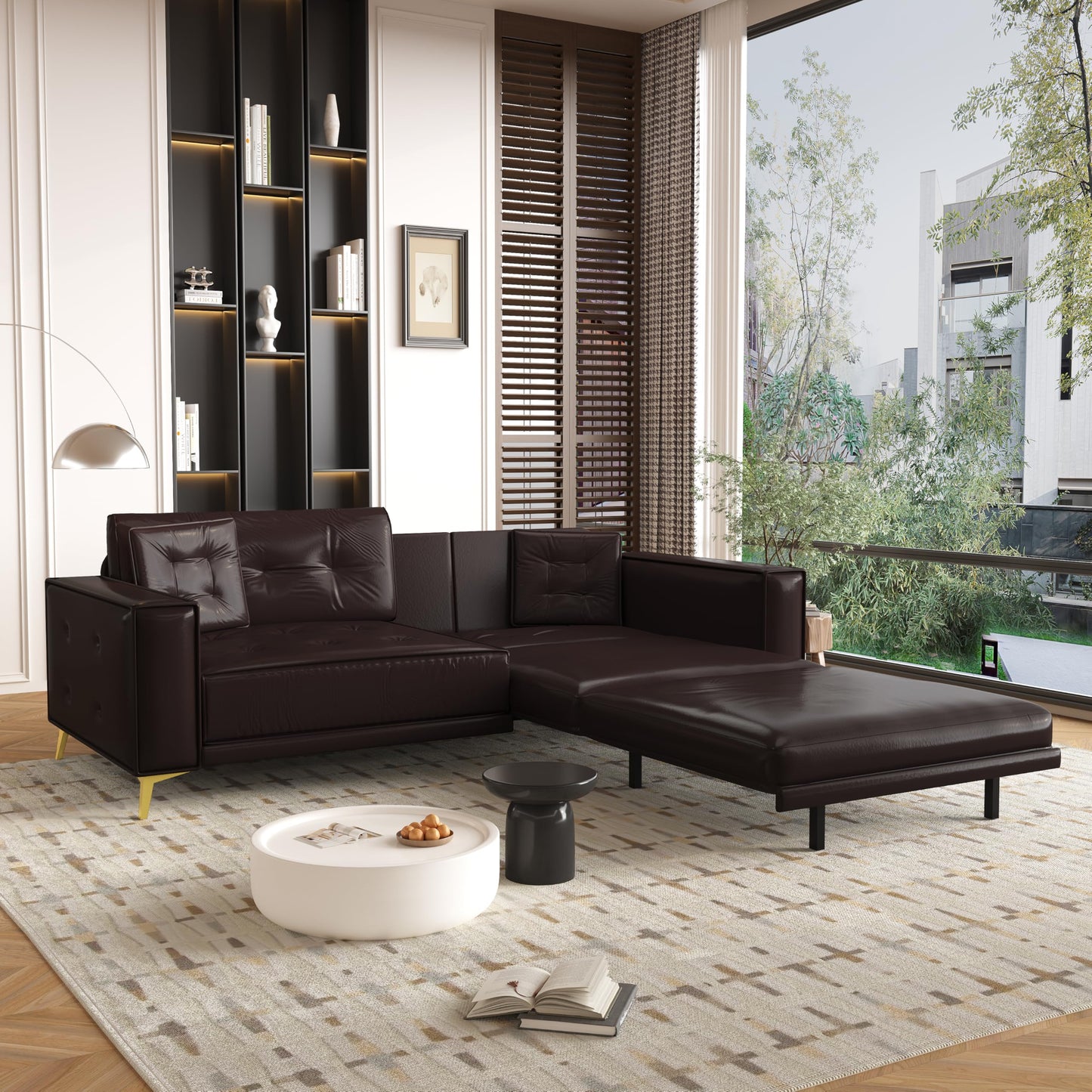 KEIKI 92.1" King Size Pull Out Sofa Bed, 3-in-1 Faux Leather Convertible Sleeper Clouch with 2 Pillows, 4-Seater Sofa Bed for Living Room, Apartment, Office, Dark Brown